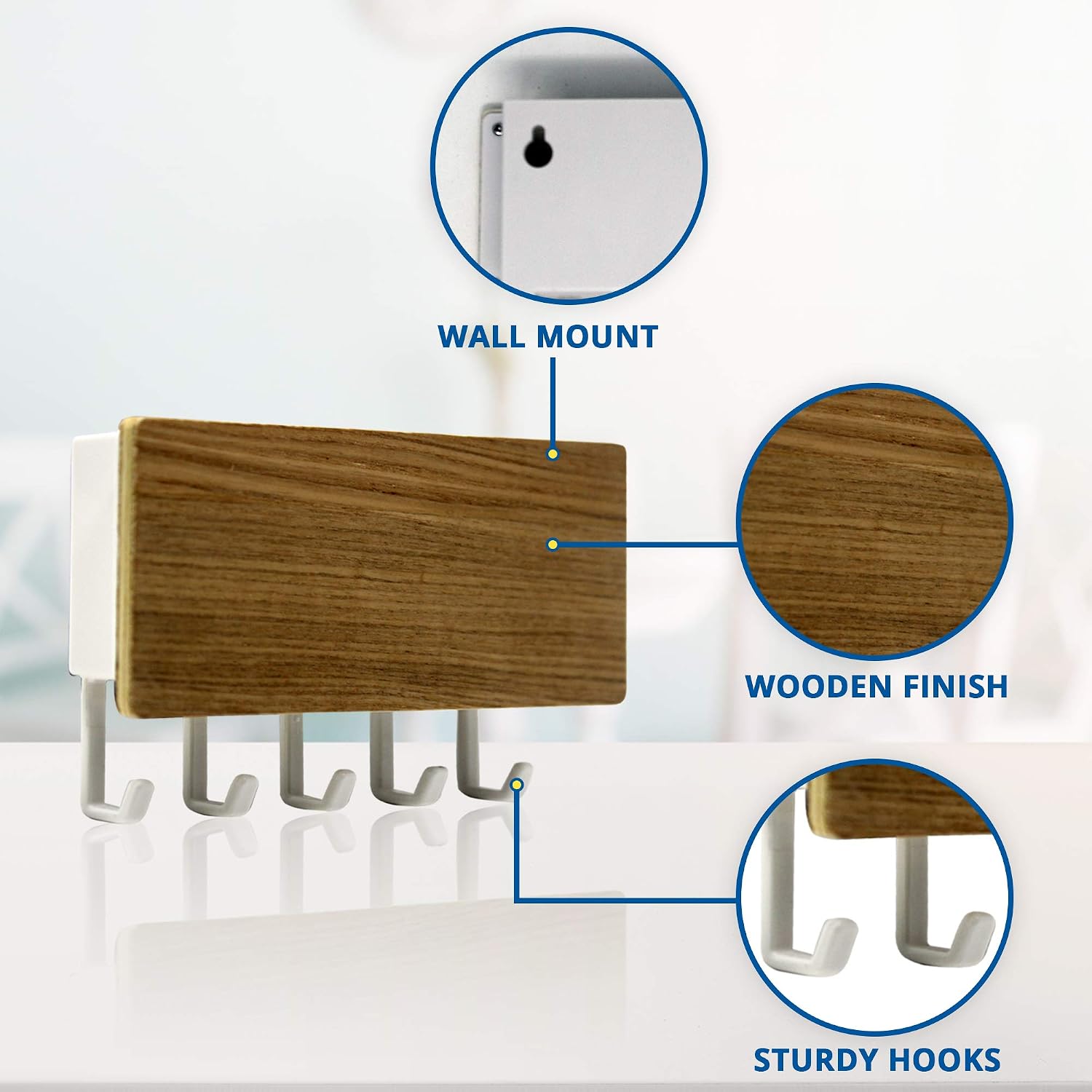Hivory Mail & Key Holder for Wall Decorative ~ 5 Key Hooks ~ Wall Mounted Key Organizer & Racks ~ Easy Mount for Entryway, Bathroom, Living Room, Kitchen (Silver Oak)