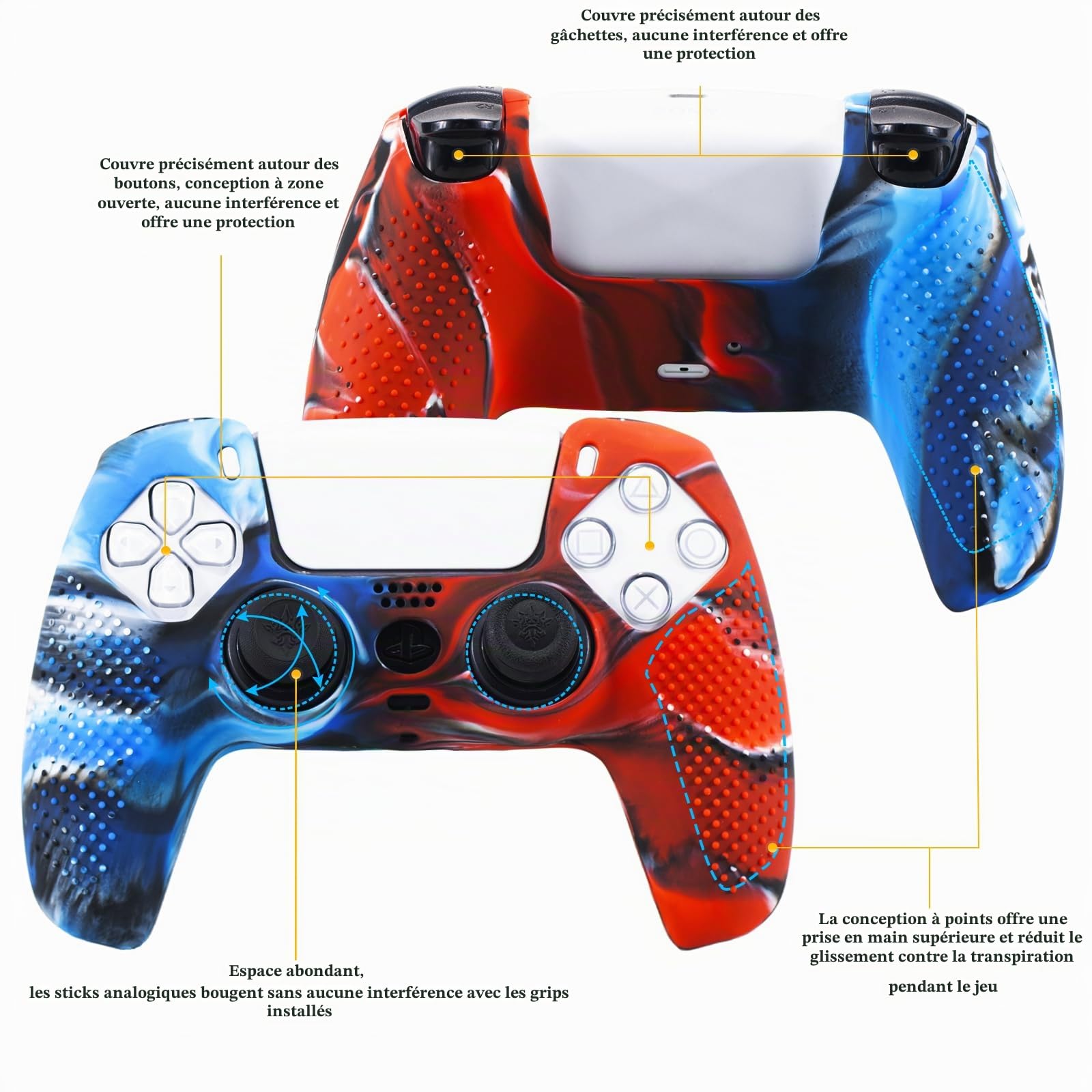 Yorha Lot de 2 Coques en Silicone pour Manette de PS5 (Camou Bleu + Rouge) avec 8 Grips pour Les Pouces, 8 Bouchons et 4 Protections Anti-Chocs