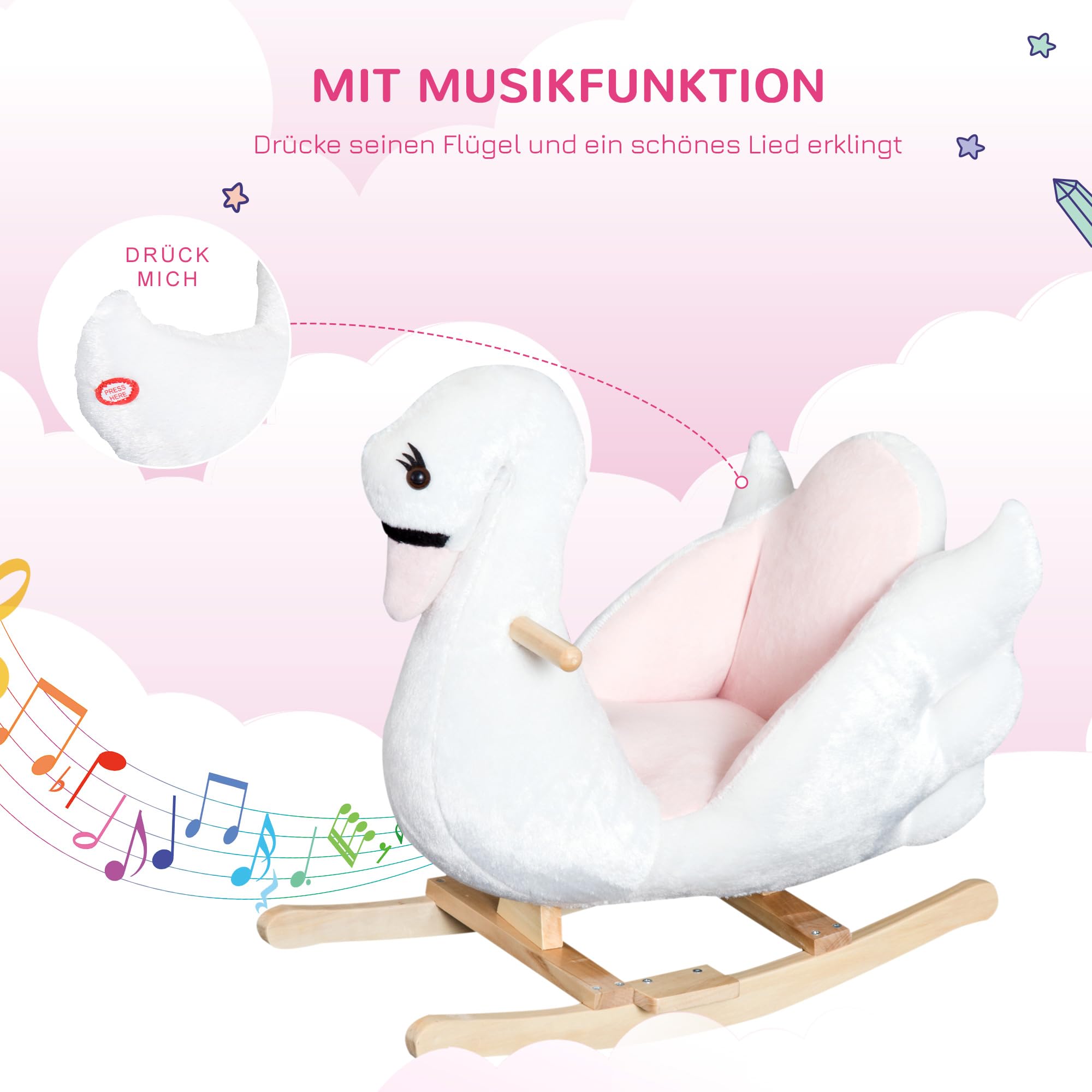 HOMCOM Schaukeltier Schaukelpferd mit Musik, 57 cm Baby Schaukel aus weichem Plüsch Schaukelspielzeug Spielzeug Wippe für Baby Kinder Kleinkinder ab 18 Monate Holz