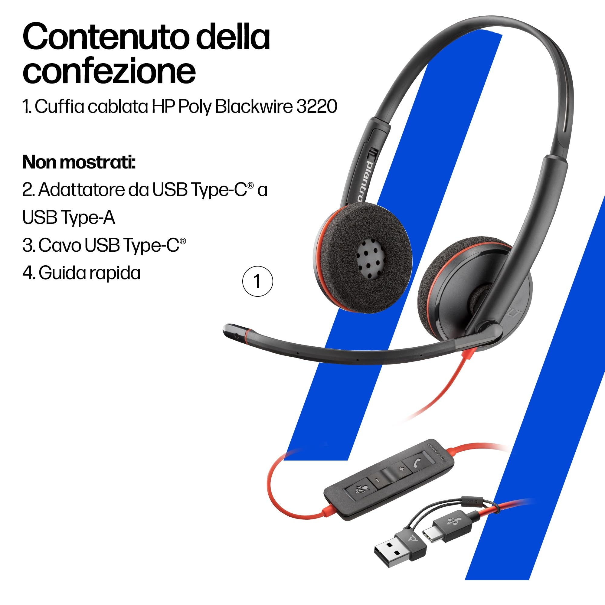 Poly Blackwire 3220, Cuffia Cablata con Connessione USB-A, USB-C, AUX 3,5 mm, Cuscinetti in Similpelle, Riduzione del Rumore e dell'Eco, Comandi sul Cavo, Compatibile con Windows 10 e macOS, Nero