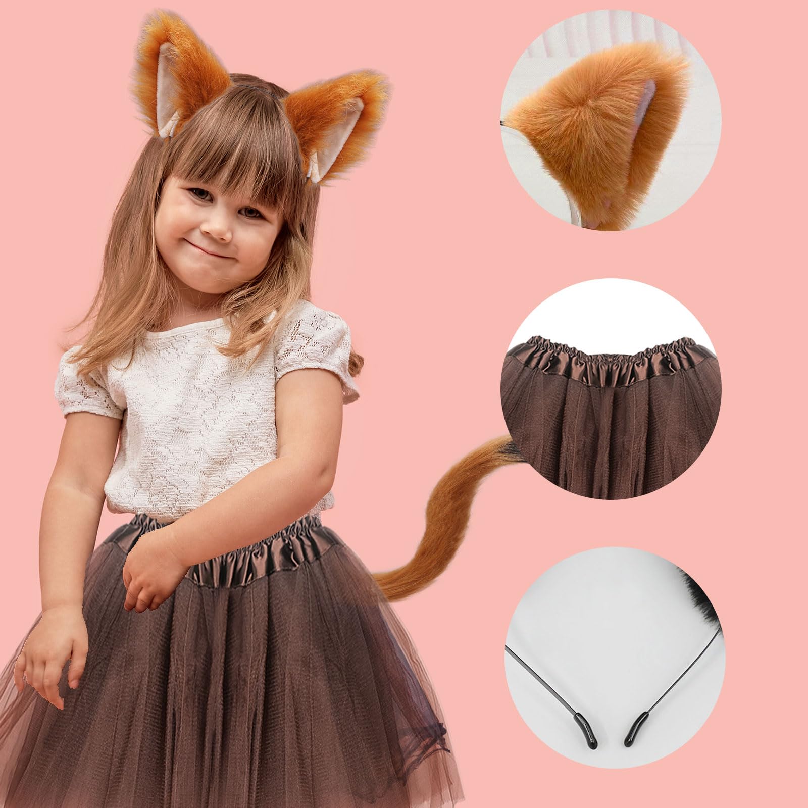 FUIPVGI 3 Pieces Fox Costume Included Faux Ears Headband Tail Tutu Skirt Set for Adults Kids Dress Up Fox Cosplay Halloween Costume Stage Show(brown) - Image 3