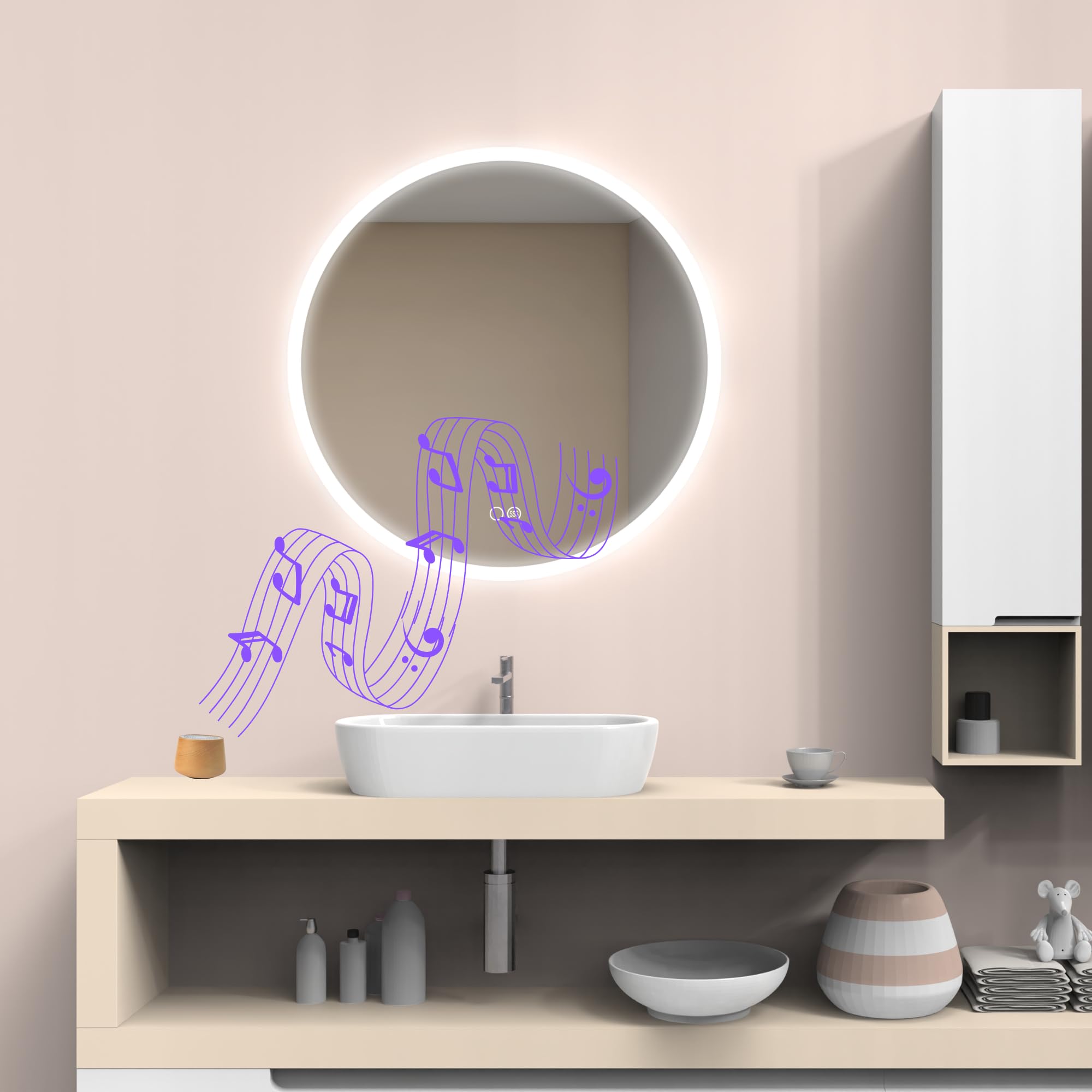 UBUD Espejo de Baño con Luz Led, 80 cm, Redondo, con Interruptor Táctil, Altavoz Bluetooth portatil, Protección IP44, Antivaho, Regulación de Intesidad, Vidrio Anti-estallido. (80 cm Antivaho)