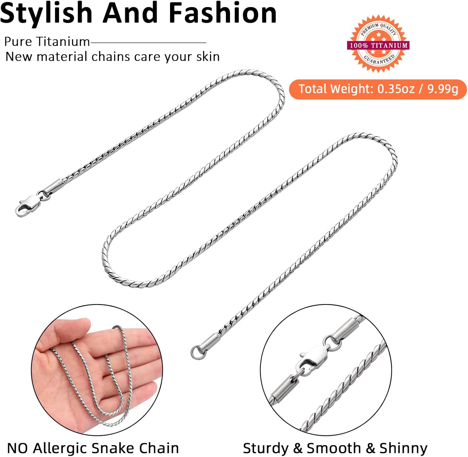 SanThree 2.5MM Pure Titanium Snake Wheat Chain Necklace for Men Welded Skin Friendly Solid Titanium Chain Choker Jewelry Gifts for Women Valentines Birthday Anniversary New Year Fathers Day, 21.65” - Image 5