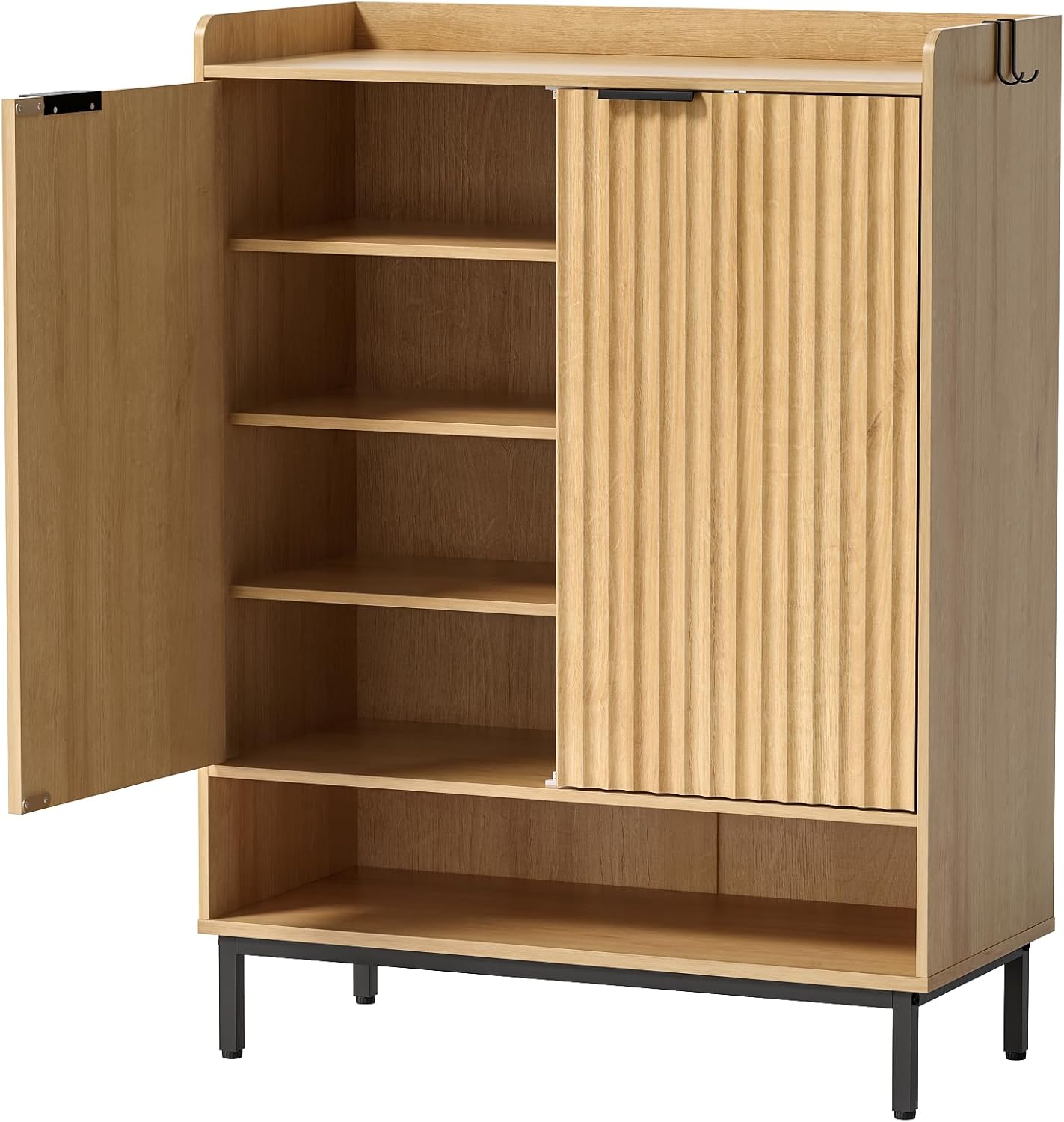 Fluted Shoe Cabinet with Doors, Large Wooden Shoe Storage Cabinet with Adjustable Shelves, Modern Tall Freestanding Shoe Rack Organizer for Entryway, Hallway Natural Oak
