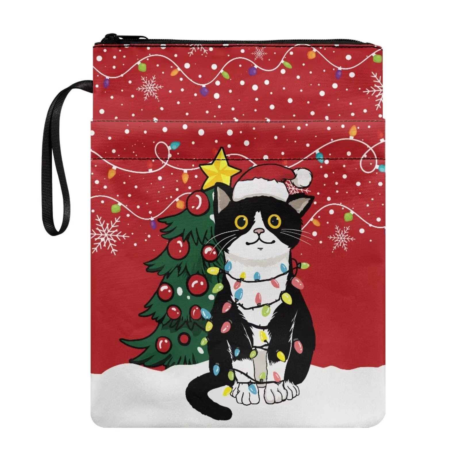 Poceacles Christmas Book Sleeve for Paperbacks Book Pouch Protector with Pockets and Zipper, Hardcover Textbook Storage Bag for Adults Teens Girls Boys, Cat Christmas Tree Red — image 1