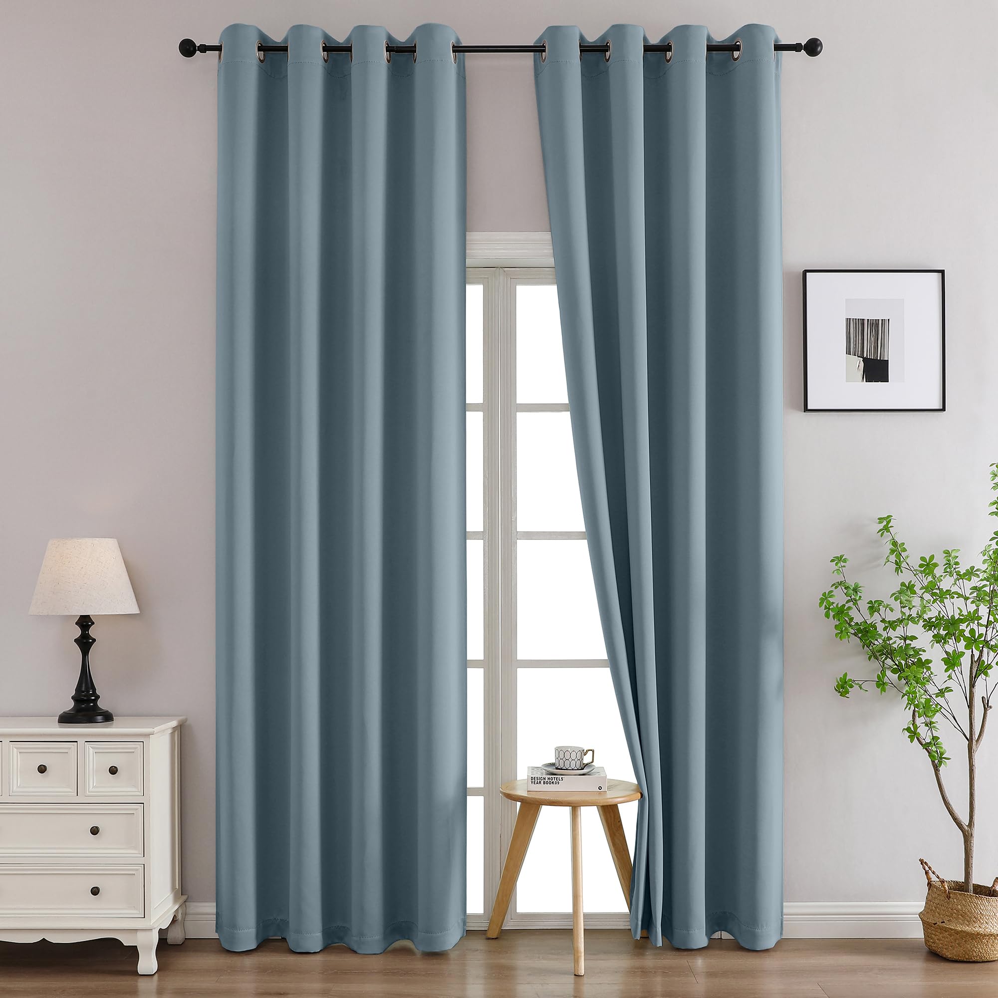 Simplebrand Stone Blue Curtains for Bedroom Living Room 96 Inches Long 2 Panels Set, Room Darkening Thermal Insulated Curtains &amp; Drapes, Solid Grommet Noise Reducing Window Treatment, W50 x L96 Inch