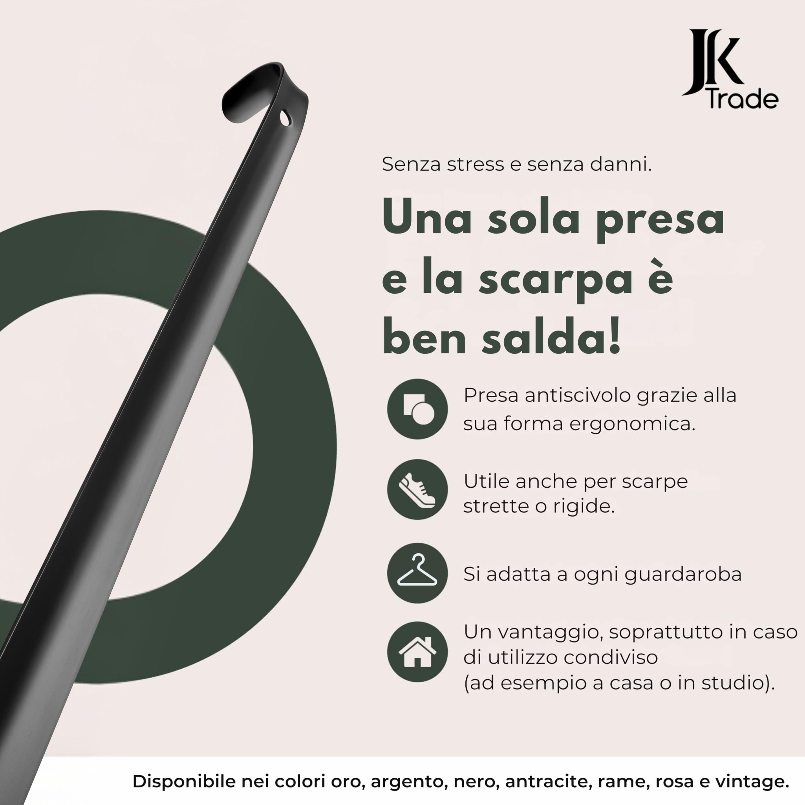 JK Trade® L'originale, calzascarpe in acciaio inox resistente, 72 cm, lungo da appoggiare, in modo rapido e delicato sulla schiena, lunghezza e larghezza ideali, adatto per le scarpe da lavoro