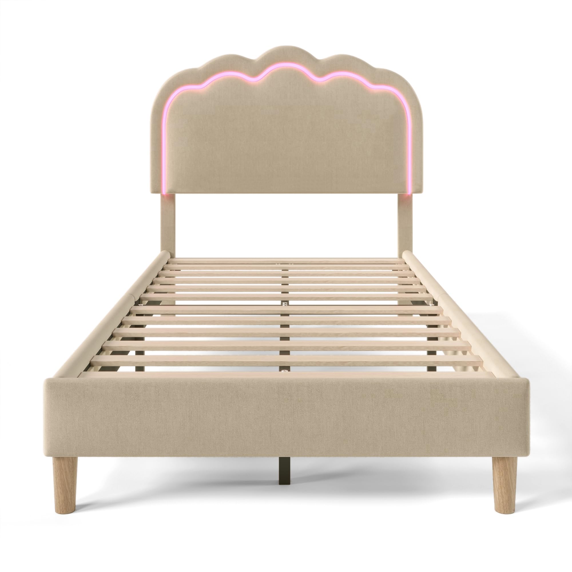 Gecheer Letto con Testiera a LED, Pompon Letto Matrimoniale 90x200 cm, Rivestito in Lino Beige, con Luci LED Regolabili e Modalità Musica, Struttura Robusta, Altezza Regolabile, per Camera da Letto