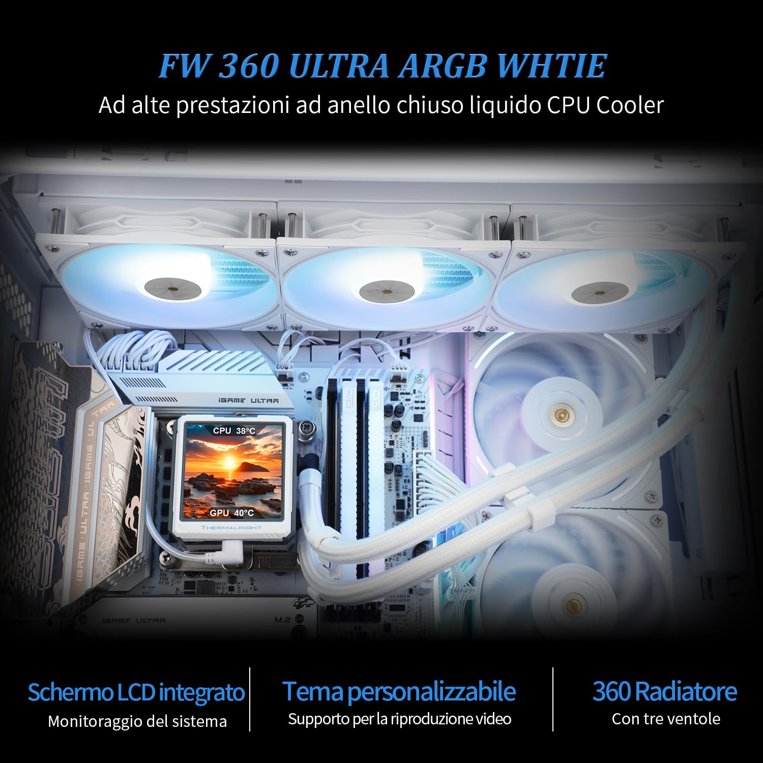 TR FW360 Ultra ARGB Bianco CPU AIO Cooler, sistema raffreddamento ad acqua PC 360, schermo LCD IPS 480x480, per AM4/AM5 e Intel LGA1700/1851, pompa alta prestazione