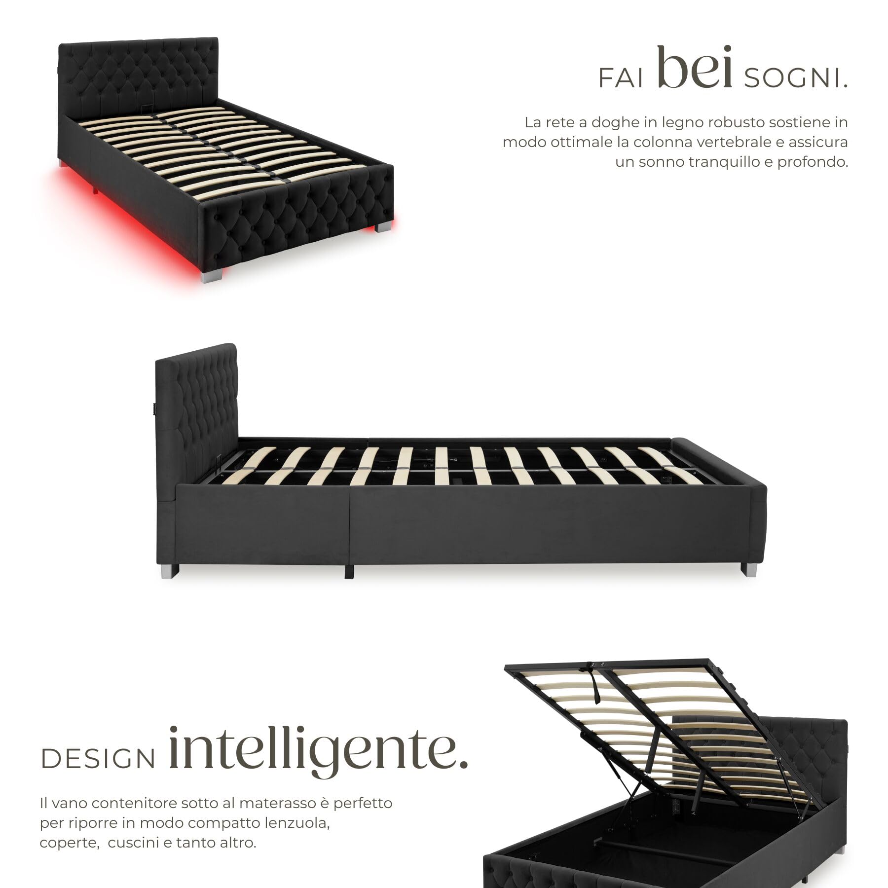 tectake® Letto Matrimoniale Imbottito con Rete a Doghe 120x200 cm, Letto Contenitore Matrimoniale e Illuminazione LED, Struttura in Acciaio, Velluto Trapuntato Chesterfield, con Telecomando - Nero