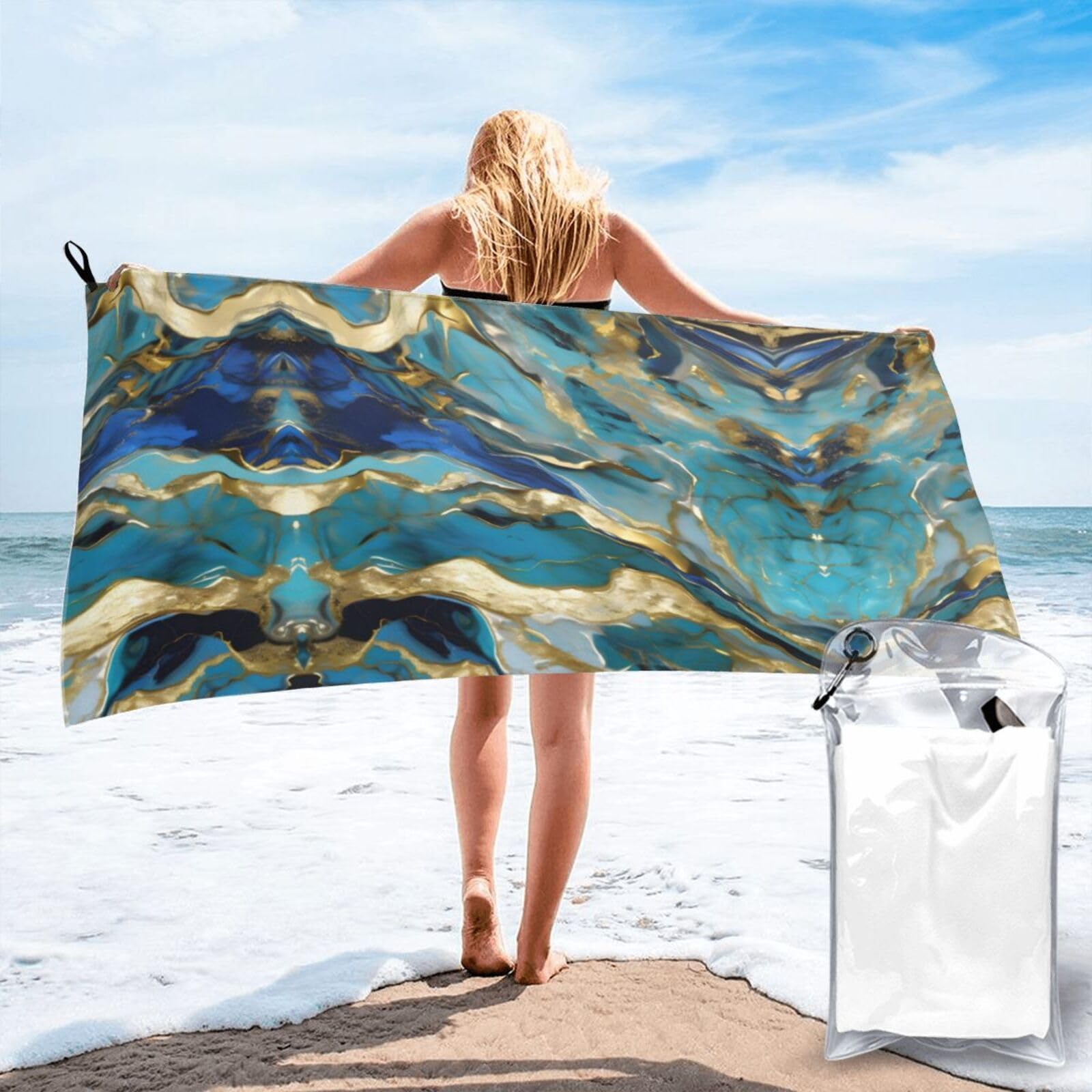 HLBSDM Azurite Teal and Foil Gold Oil Marble Pattern Print Beach Towel Quick Dry Portable for Swimming Yoga Travel Campers