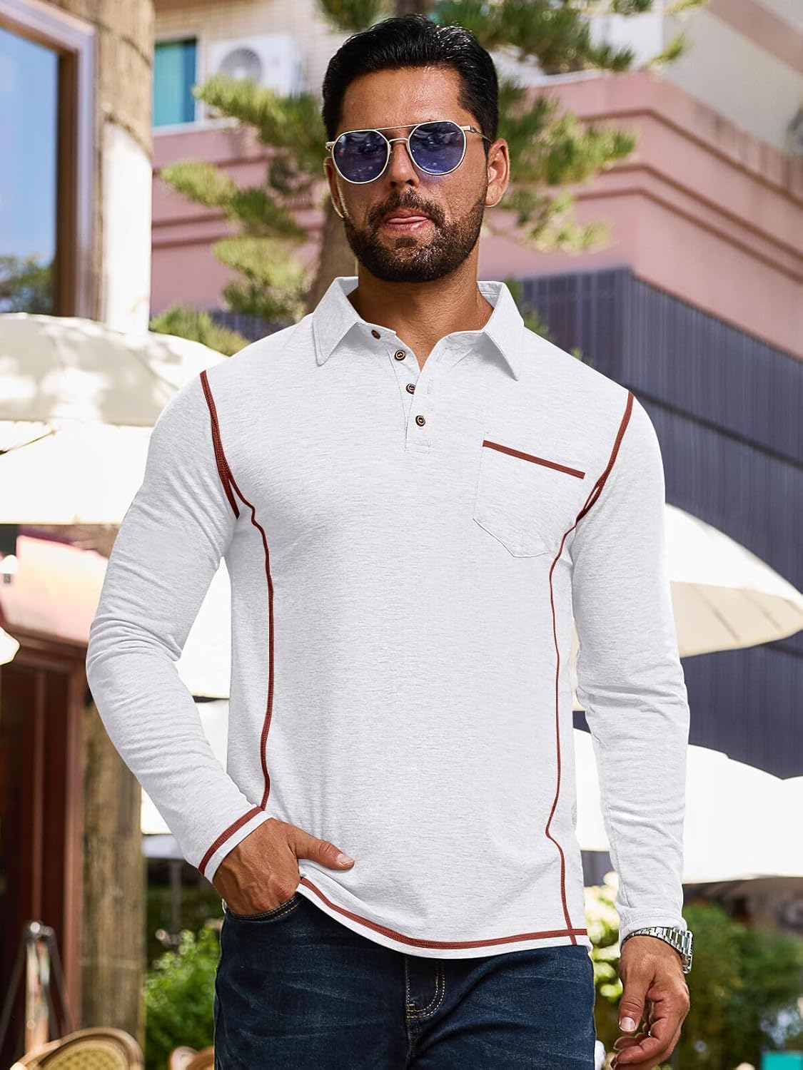 Mens Fashion Polo Shirts Classic Long Sleeve Basic Button Tees Stylish Tops Golf Shirts with Pocket - Image 2