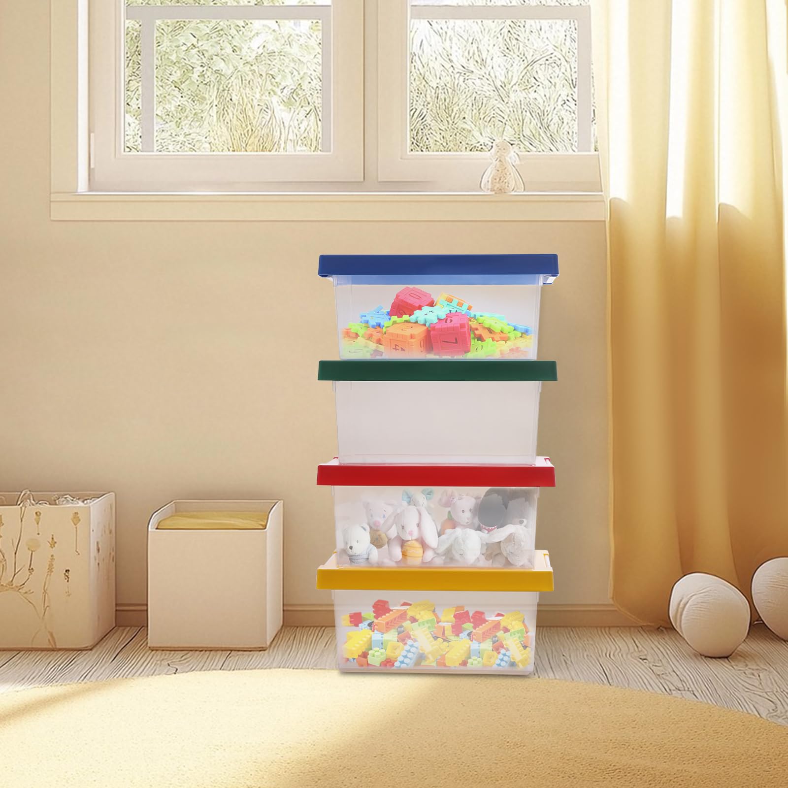 4 pezzi di mattoncini da costruzione con coperchio, impilabile, scatola per giocattoli in plastica, scatole di assortimento per giocattoli
