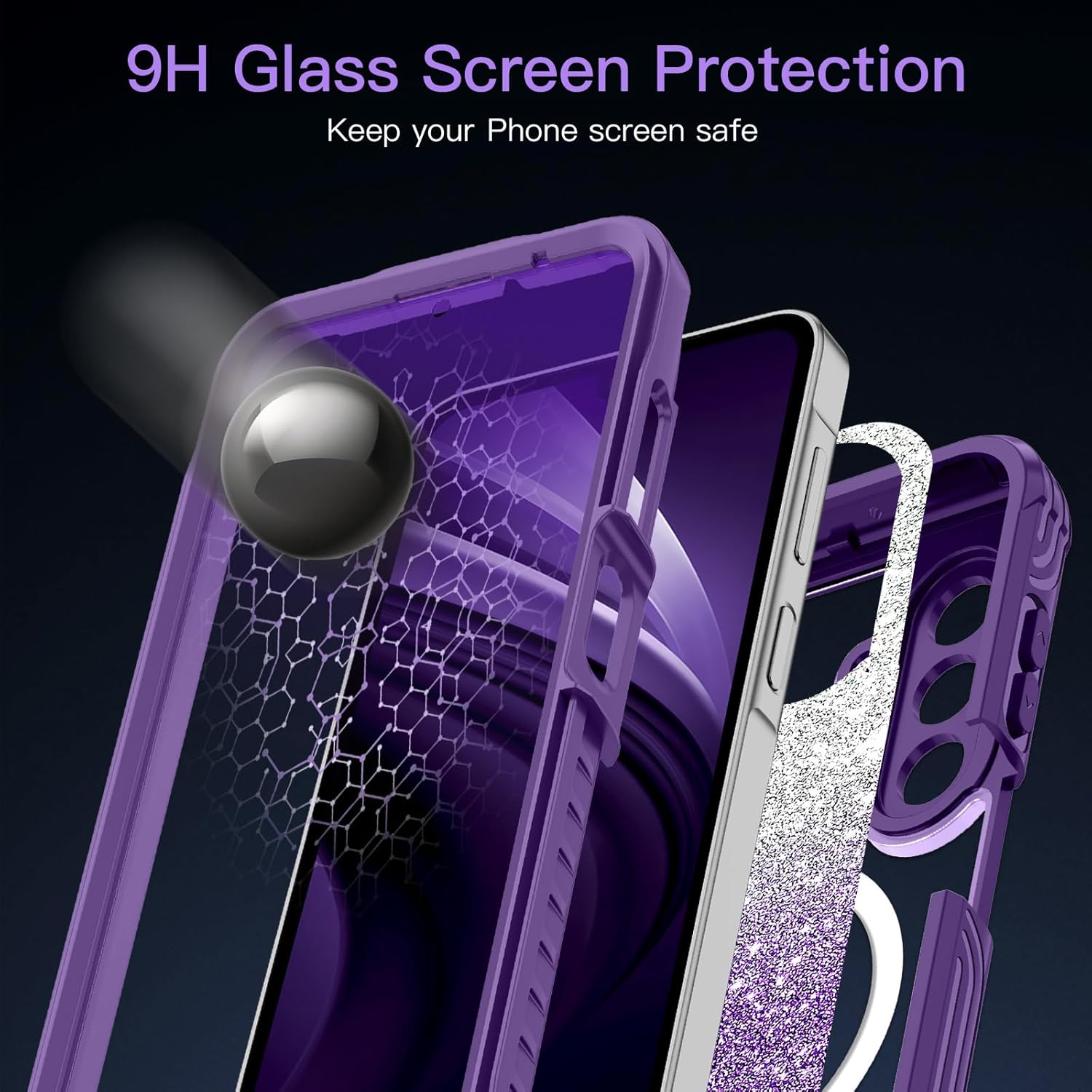 for Galaxy A17 5G Case,Compatible with MagSafe,Magnetic Glitter Case Built-in 9H Tempered Glass Screen Protector,Shockproof Protective Case for Samsung Galaxy A17 5G,All Purple - Image 7