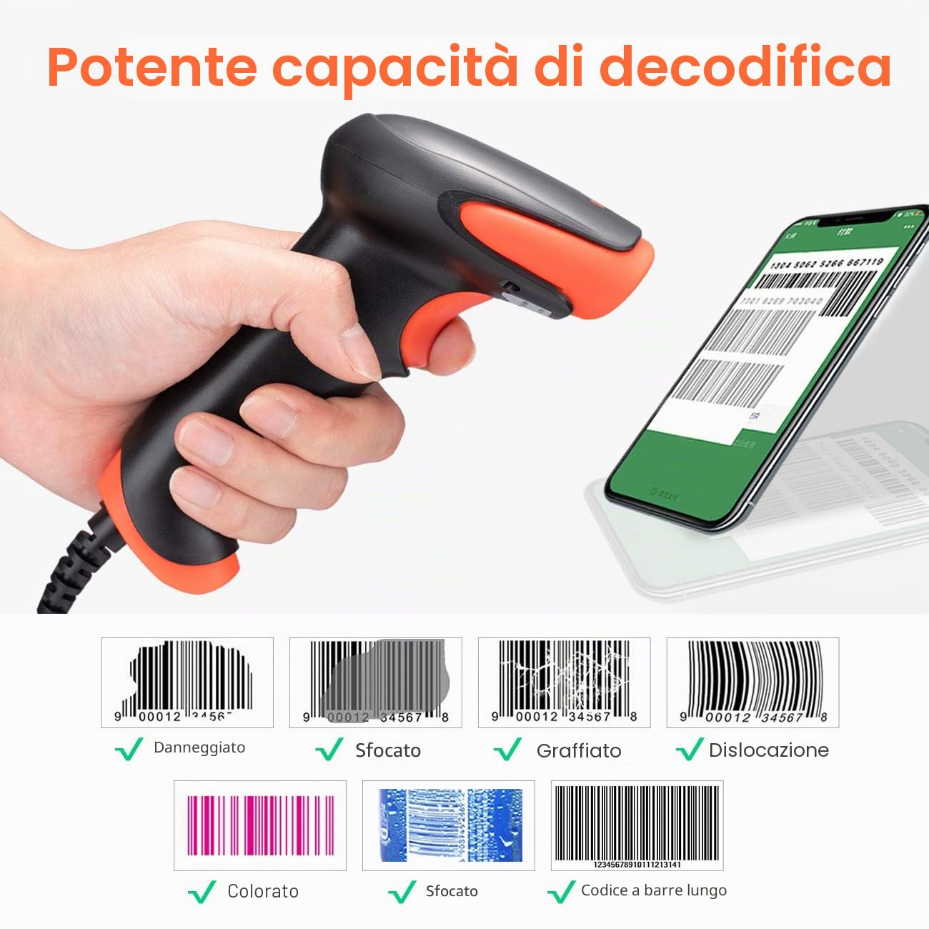 Tera Barcode Scanner CCD 1500 Lettore di Codici a Barre Cablato 1D USB, Scansione di Codici a Barre su Schermi Digitali, 1500C