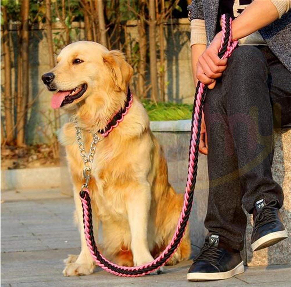 Heavy Duty Dog Leash, Adjustable Dog Martingale Braided Collar, Loop Slip Strong Metal Pull Clip Anti-Twist Pet Walking Training Lead, Solid Hand Crafted Rope for Medium Large Breeds (XL, Pink Black)