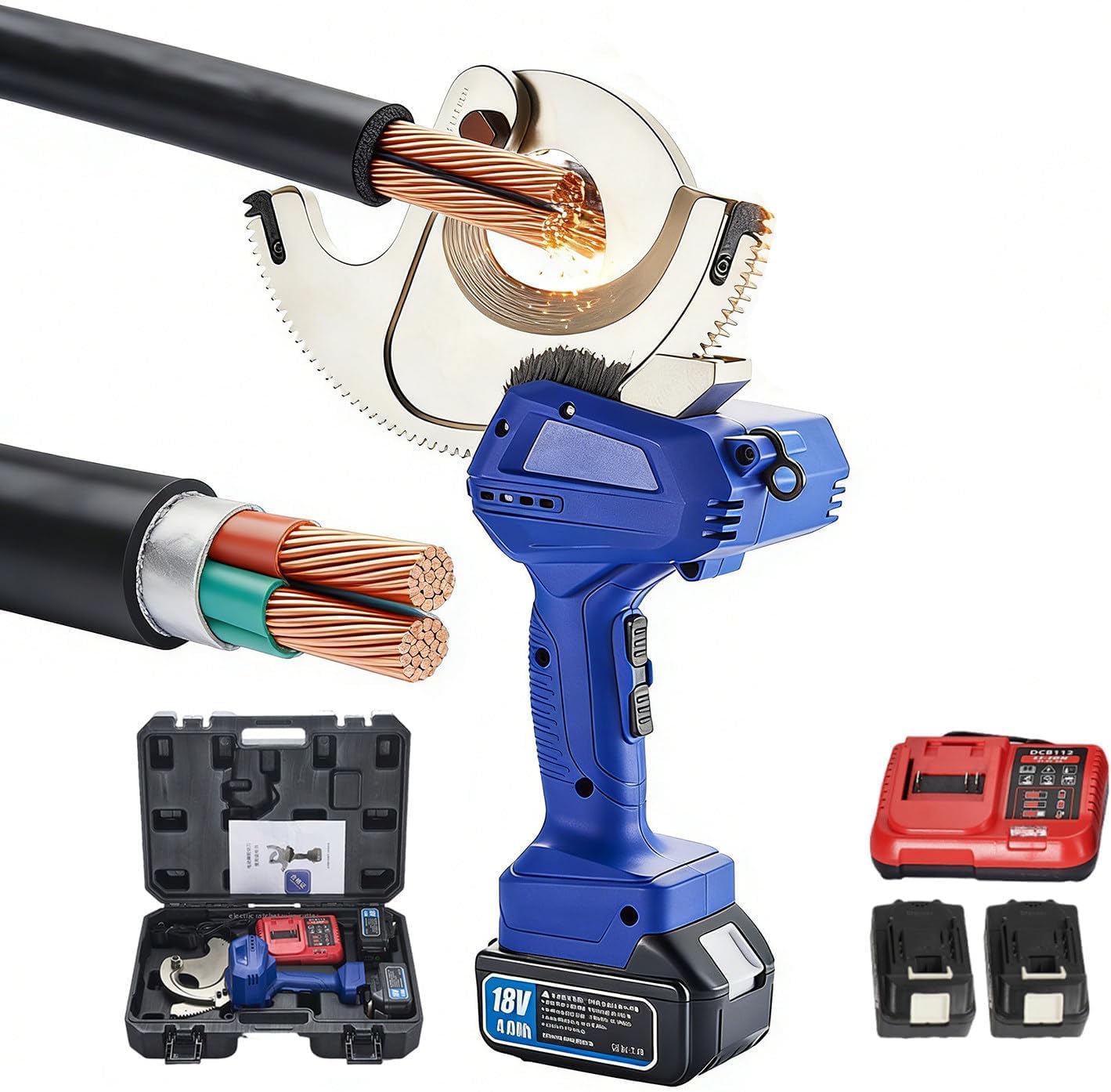LMRXOFE Cordless Electric Ratchet Cable Cutter With Dual 18v 5.0ah Batteries - Alloy Steel Blade For Copper, Aluminum & Armoured Cable - Ideal For Electricians & Construction B65m B65m