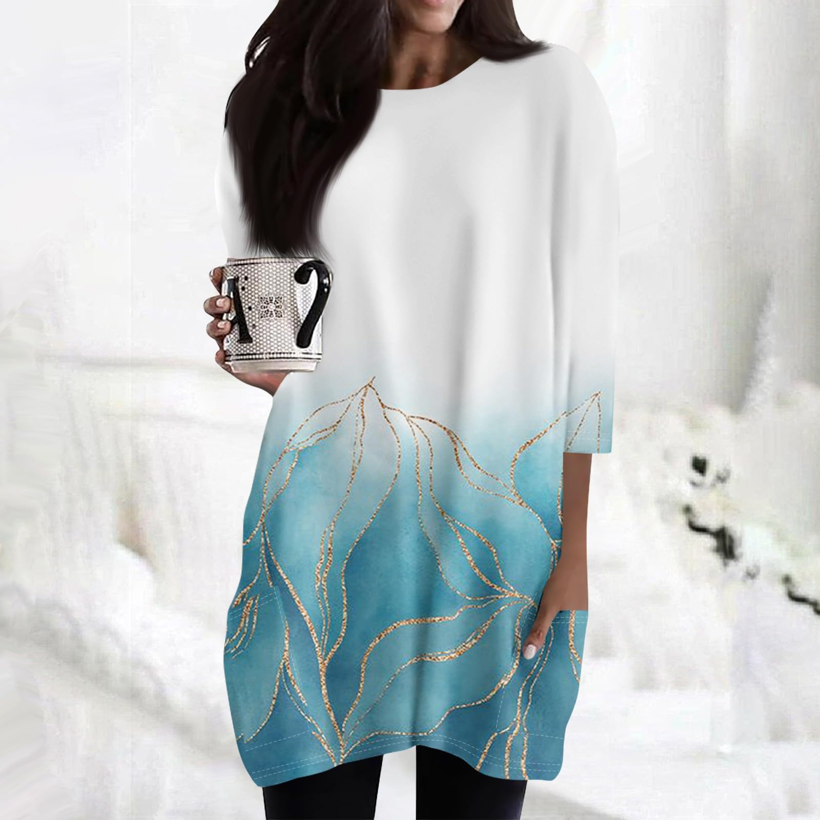 Blusen & Tuniken für Damen 3/4 Arm Longshirt Lässig für Leggings | Oberteile Damen Mode Sports T Shirt Overzised 3/4 Ärmel Gemütlich Passform Farbblock Crewneck
