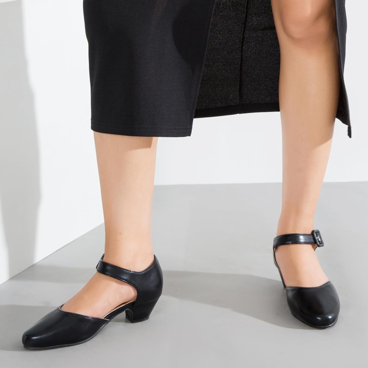 Enelauge Women's Closed Toe Low Block Heels Ankle Buckle Strap D'Orsay Pumps Comfortable Chunky Heel Dress Work Church Shoes - Image 3