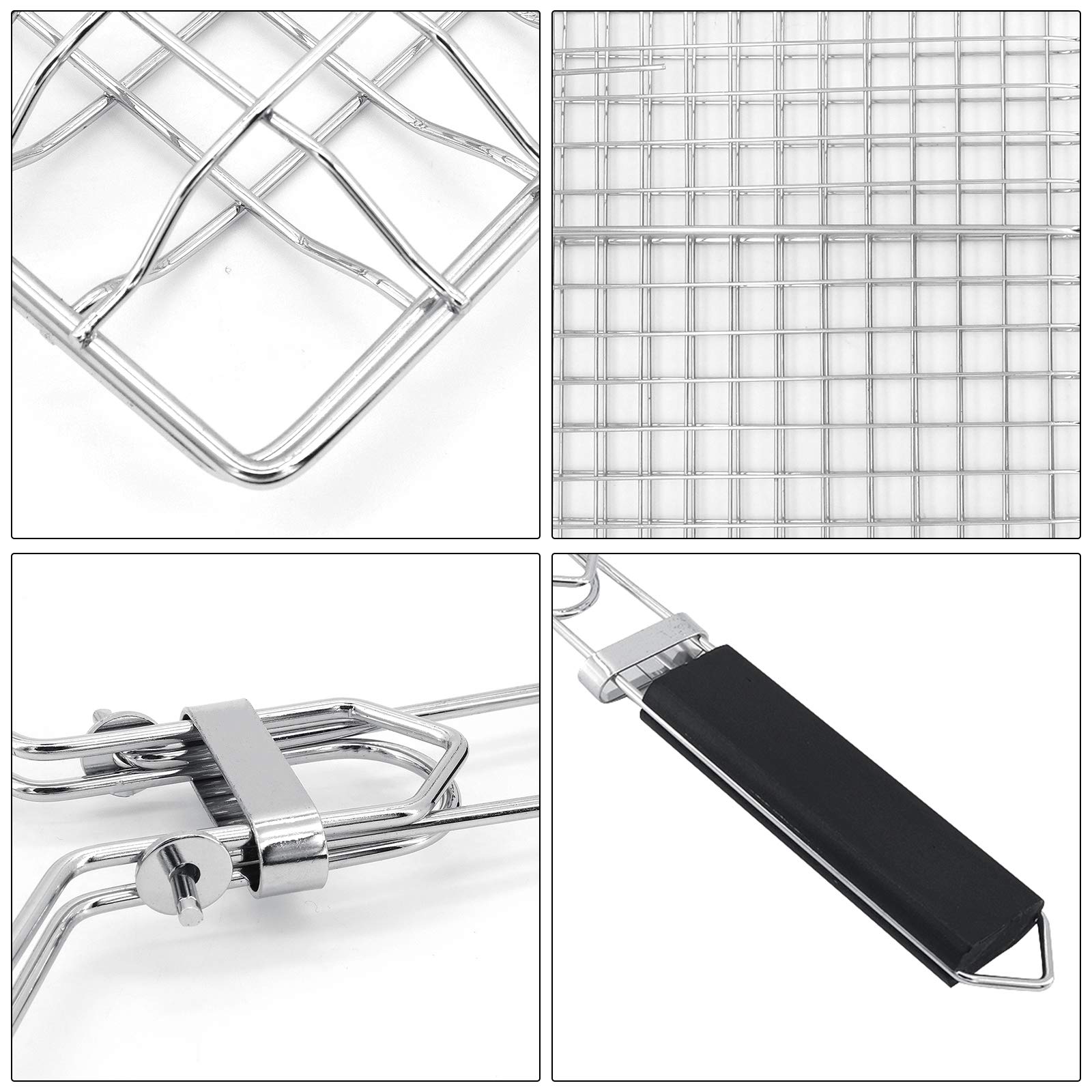 Griglia Pieghevole Per Barbecue In Acciaio Inox 430, Superficie 14x22,9 Cm, Manico In Legno Removibile, Set Con Spazzola E Tappetino Antiaderente
