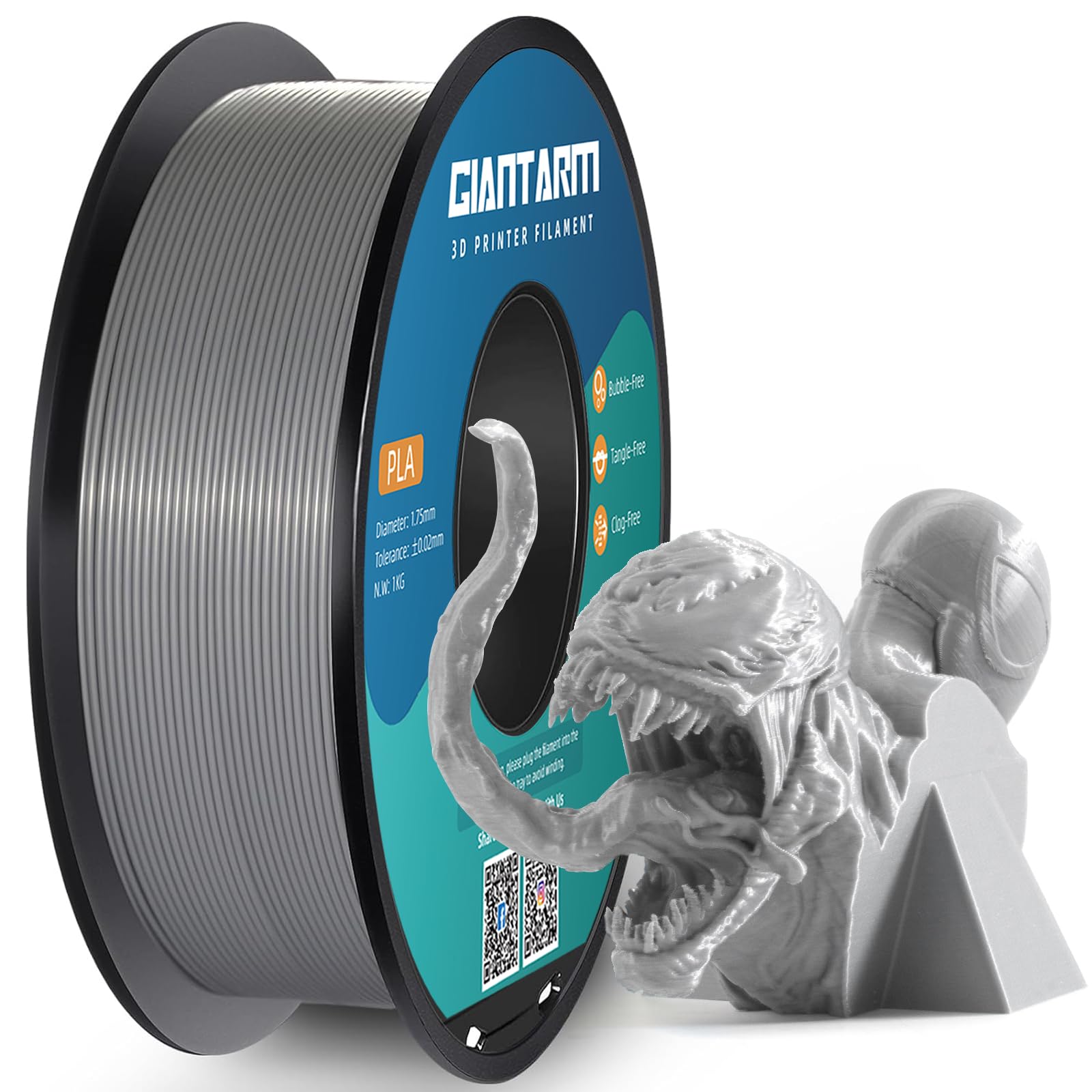 Filamento PLA 1,75 mm, GIANTARM Stampante 3D PLA Filamento 1 kg Spool (Argento)