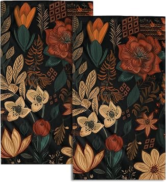 Giwawa Boho Floral Hand Towels Set of 2 Black Mid Century Fingertip Towel Absorbent Face Towel Soft Dish Towels for Gym Bath Kitchen Home Decor
