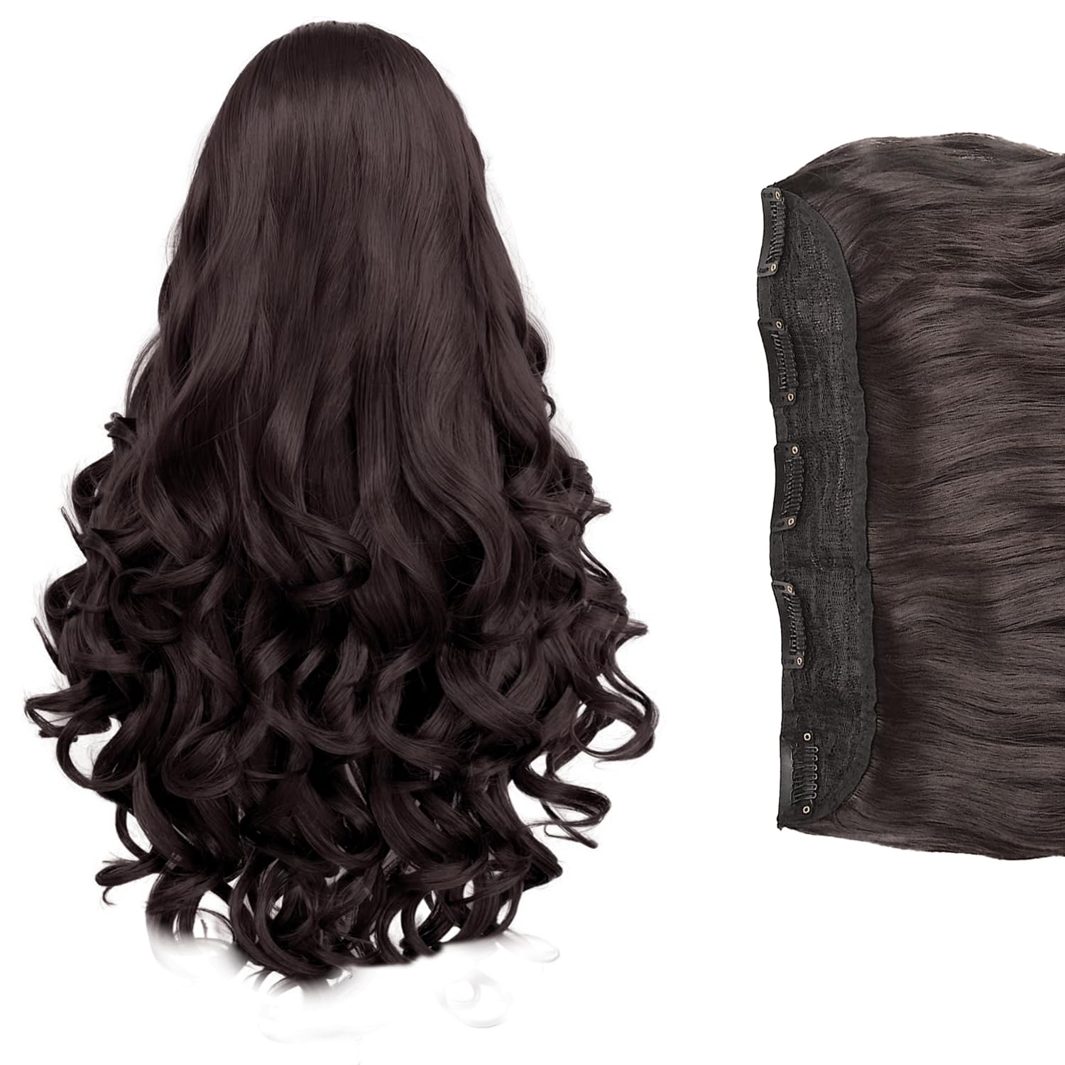TEMPERIA Hair Extensions for Women (Luxury Premium)- 5 Clips Attached Curly/Wavy Artificial Hair Clip On Extension - False Fake Long Curl Hair Wig for Wedding - 1 Pc - Natural Brown Colour (D3)