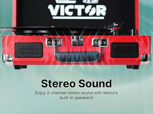 Miniatura 9 de VICTOR Metro - Tocadiscos portátil de maleta de 3 velocidades con doble entrada y salida Bluetooth y altavoces estéreo integrados, rojo