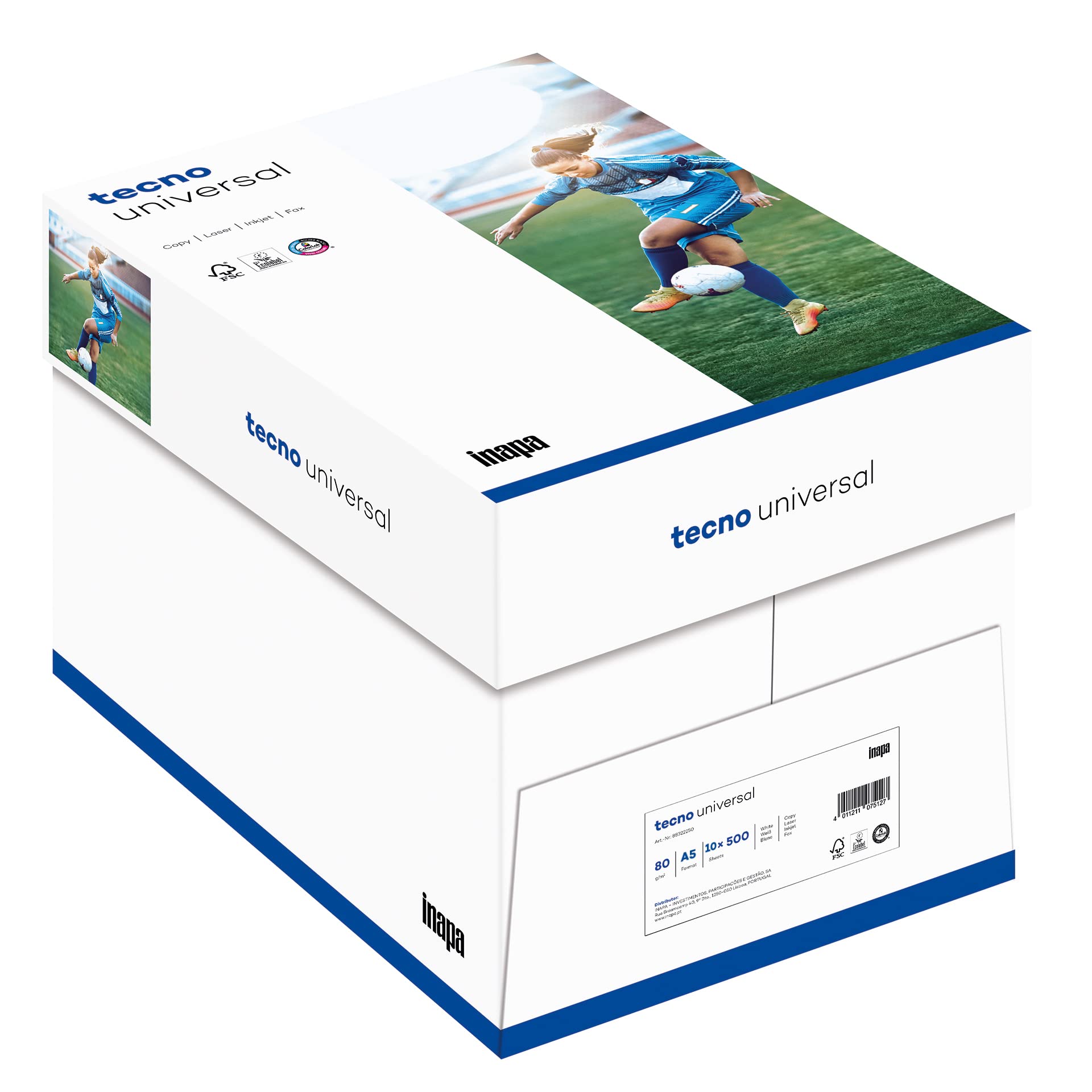 inapa Papier do drukarki/kopiowania tecno Universal: 80 g/m², A5 (210 x 148), 5000 arkuszy (10 x 500), biały – papier uniwersalny
