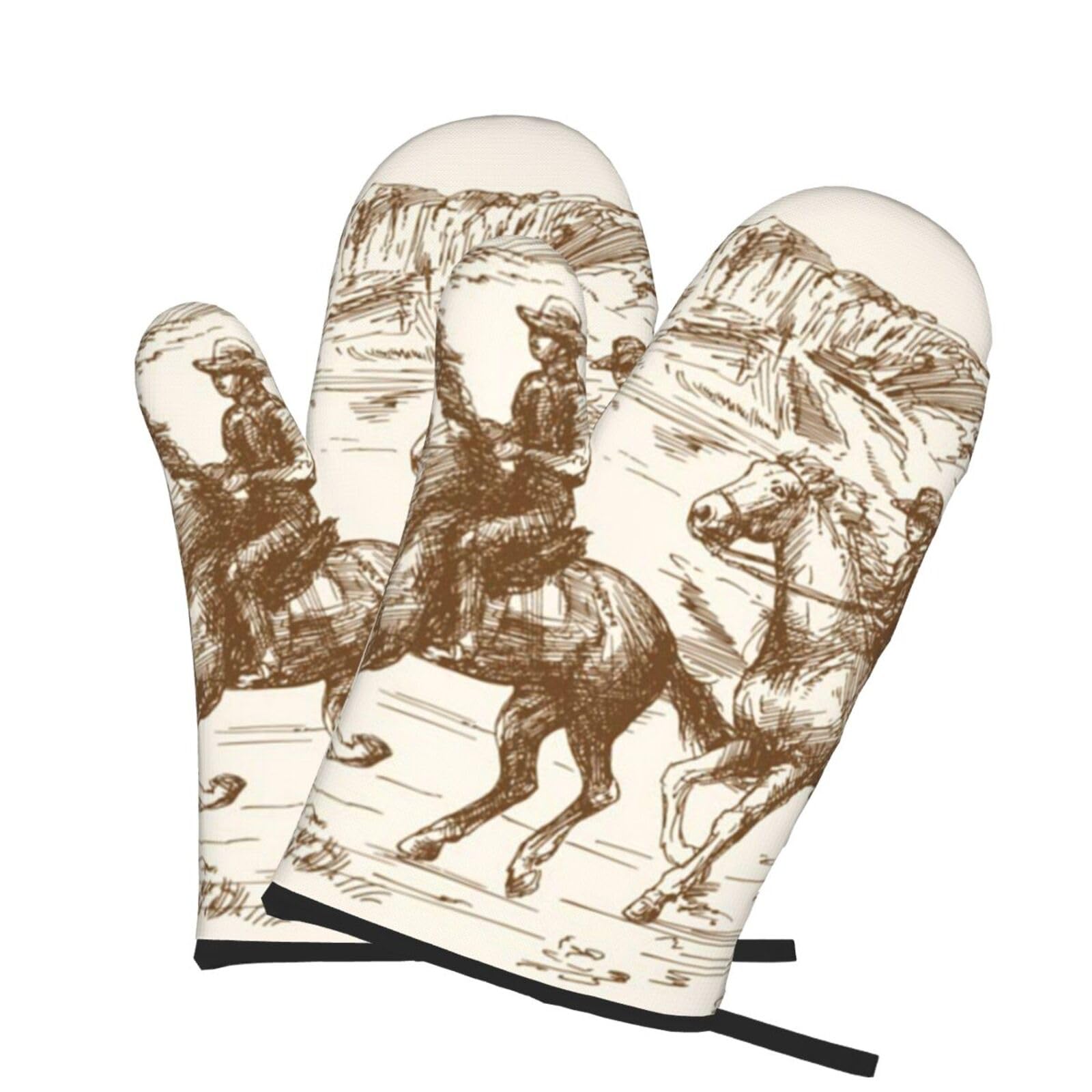 Oven Mitts Set of 2 Pcs, West Desert with Cowboys Riding Horses Prints Heat Resistant Kitchen Gloves for Cooking Baking Grilling