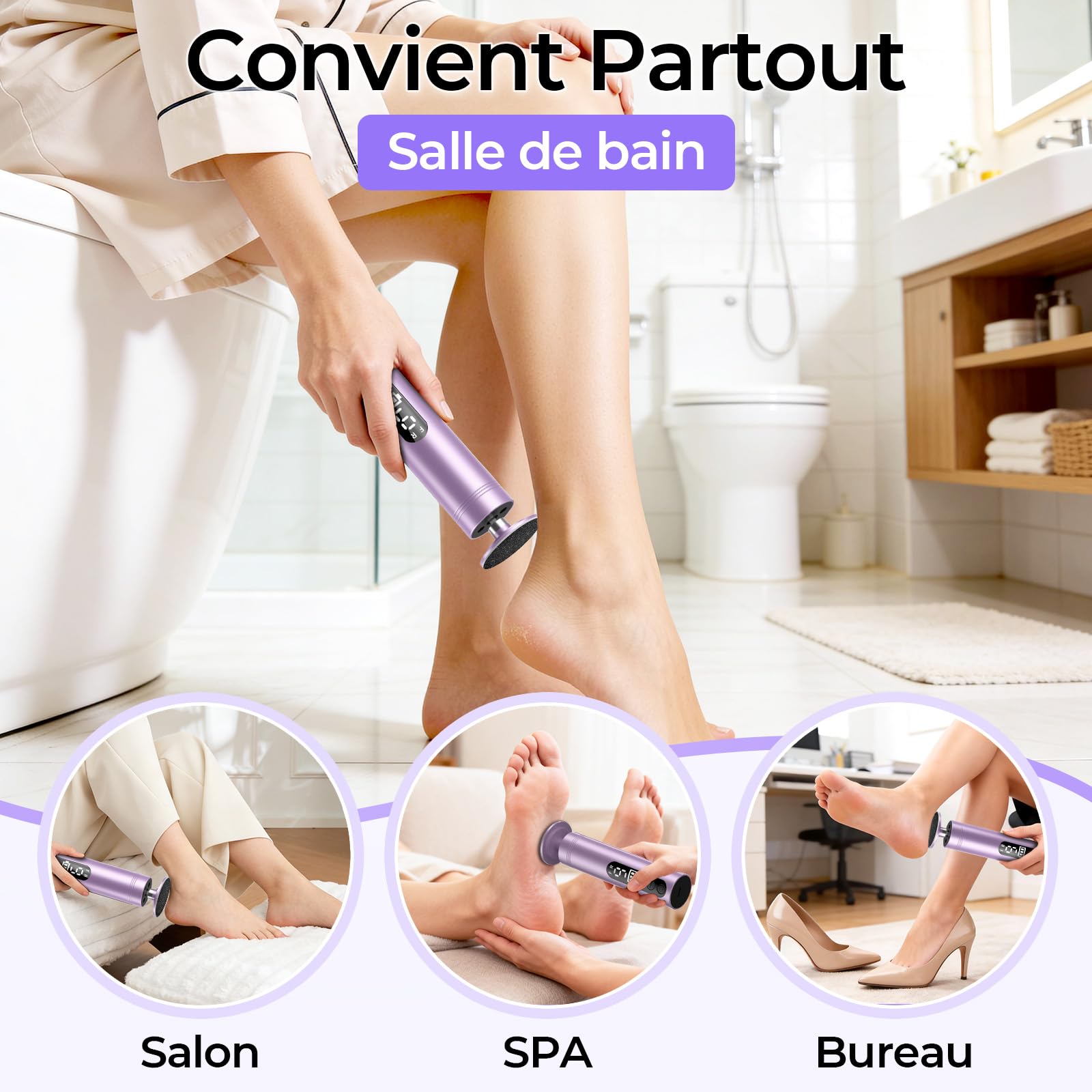 Rapeuse Pieds Électrique Puissante, 2-en-1 Ponceuse Pieds et Lime Ongles avec Écran LED, 9 Vitesses, Rechargeable, Kit Pédicure Professionnel pour Callosités, Peaux Mortes et Talons Fissurés, Violet
