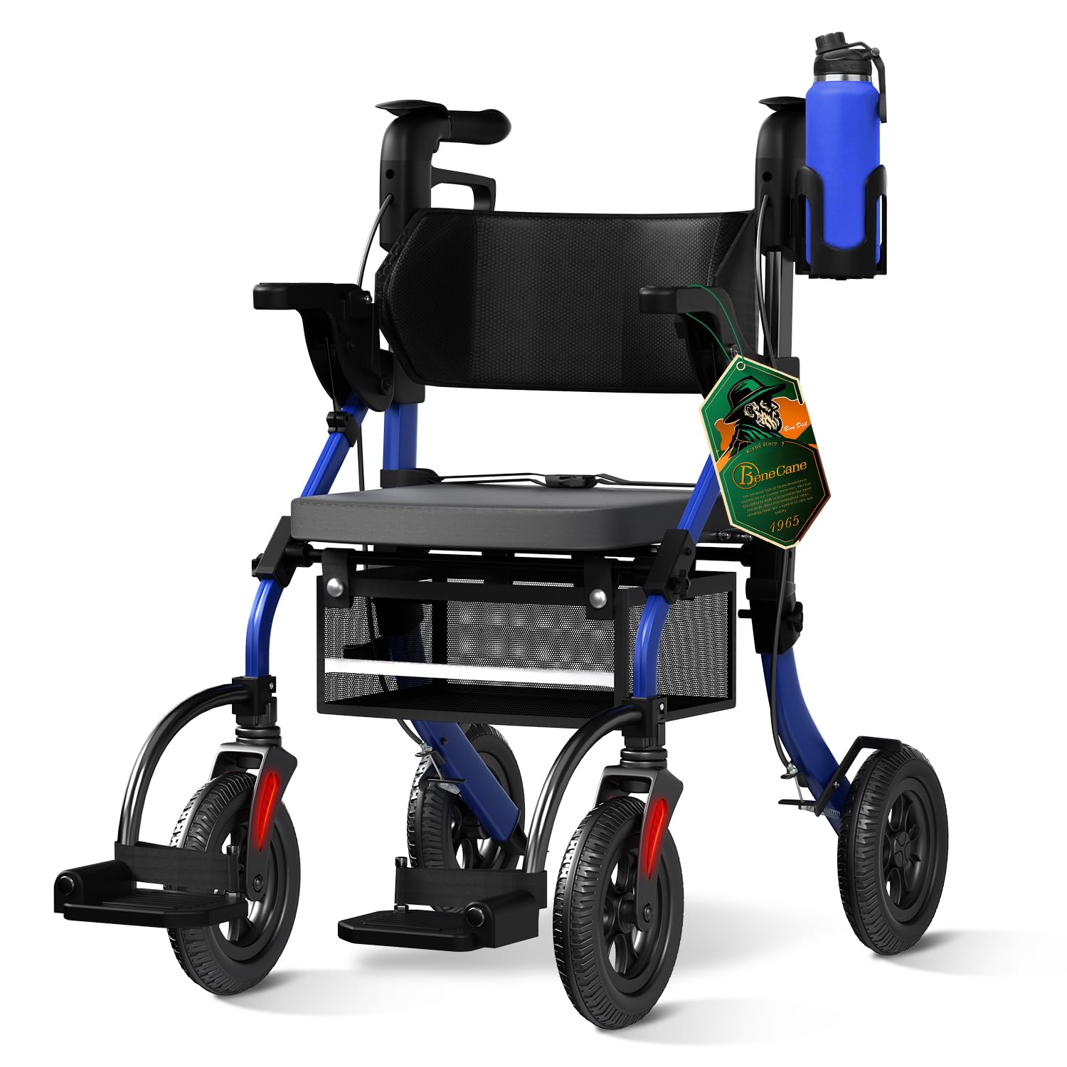 BeneCane 2 en 1 Rollator Plegable y Silla de Ruedas para Personas Mayores, Andador Ajustable en Altura con Asiento y Ruedas Antideslizantes - Ayuda para la Movilidad de Adultos