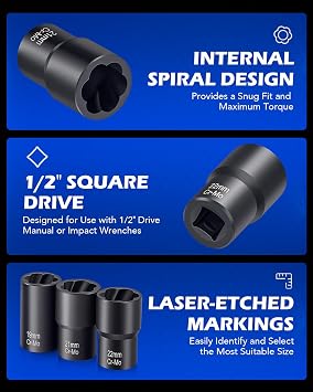 OMT Twist Socket Tool Set, 5pc Stripped Lug Nut And Bolt Extractor Set
