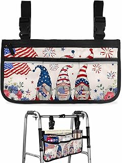 4th of July Gnomes Wheelchair Side Bag Walker Bag, Floral Independence Day American Flag Wheelchair Accessories Armrest Pouch, Organizer Storage Bag for Walkers, Rollators, Scooters, 7.3'x13'