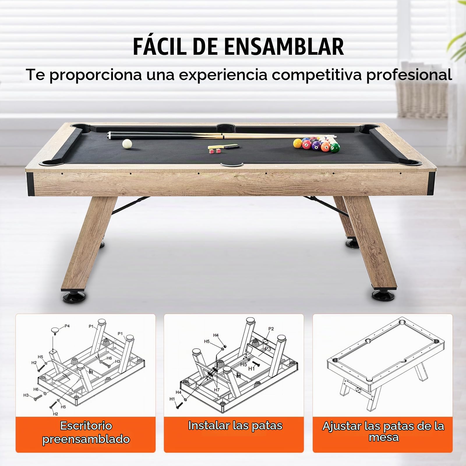 VEVOR Mesa de Billar 213,4x121,5x80,5 cm Kit de Billar Plegable y Portátil Set Completo de Accesorios con Bolas, Tacos, Tizas y Pincel Color Madera con Tela Negra para Sala de Juegos, Hogar, Club, Bar
