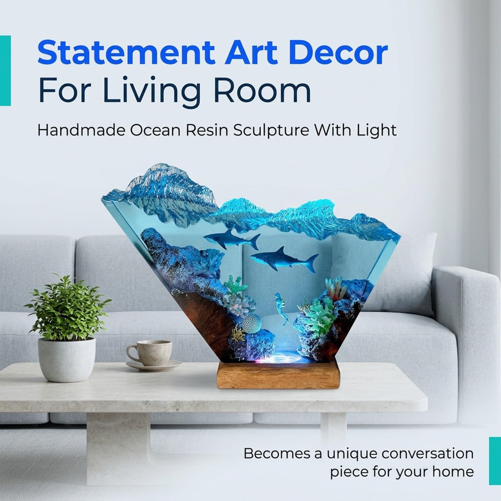 Lampada in Resina Epossidica, Luce LED 3D Scena Subacquea | Lampada Decorativa Artigianale per Camera da Letto, Soggiorno e Arredamento Casa(15*10cm/5.9*3.9in)