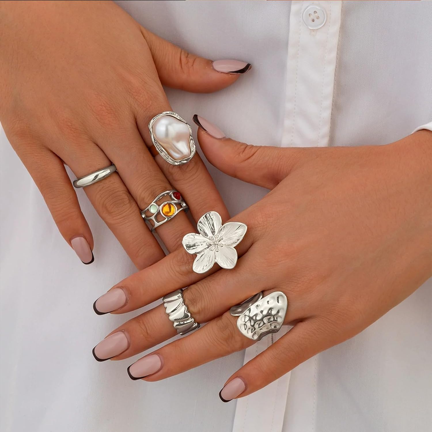 Chunky Gold Rings for Women Non Tarnish Stackable Baroque Pearl Flower Knuckle Rings Set Aesthetic Silver 6Pcs Trendy Dainty Open Midi Ring Set Jewelry Gifts - Image 4