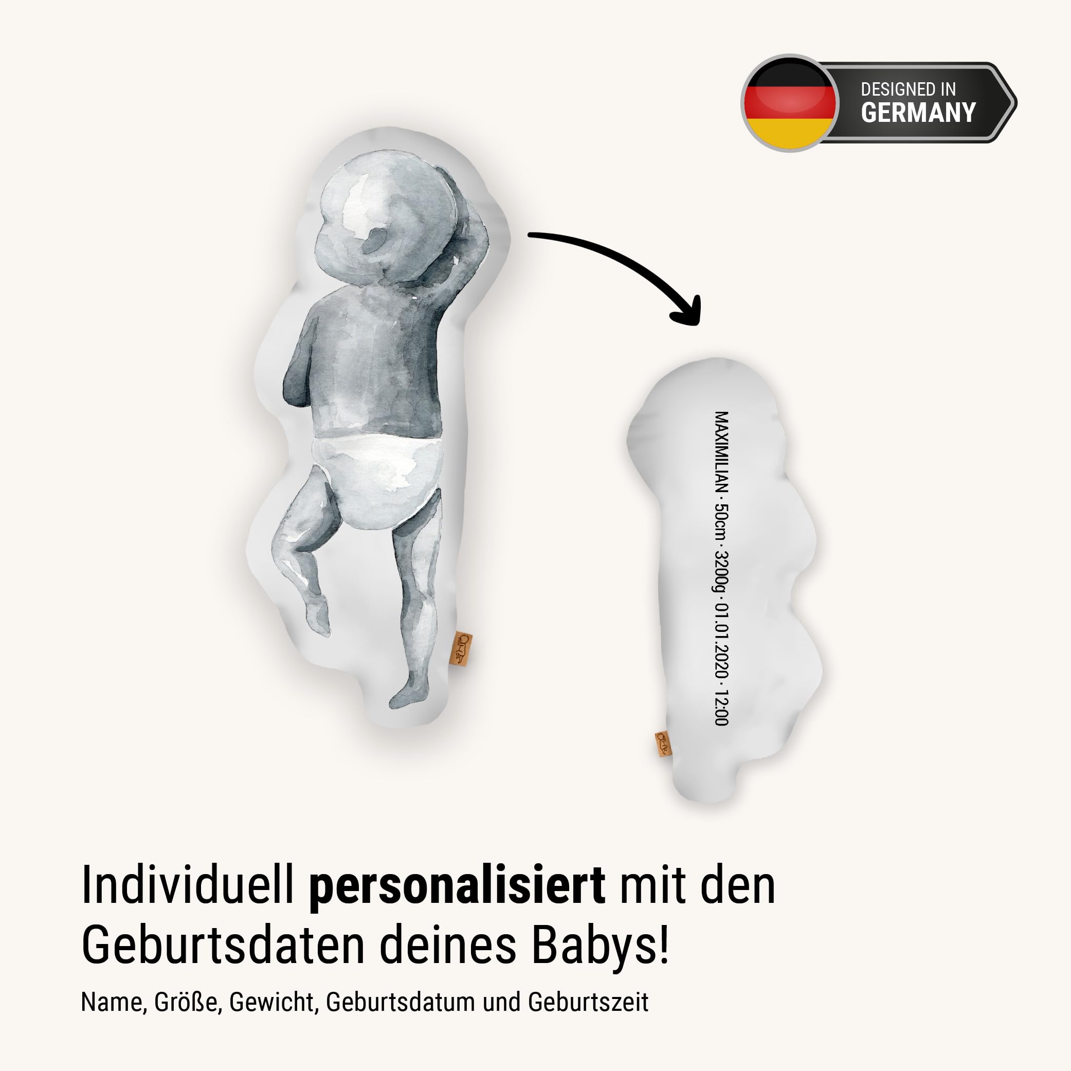 Personalisiertes Geburtskissen zur Geburt im 1:1 Maßstab | Mit Namen für Neugeborene | Erinnerungen in Originalgröße Jungen Mädchen (Moon Grey, 1:1 Maßstab mit Gewicht, Watercolor Two)