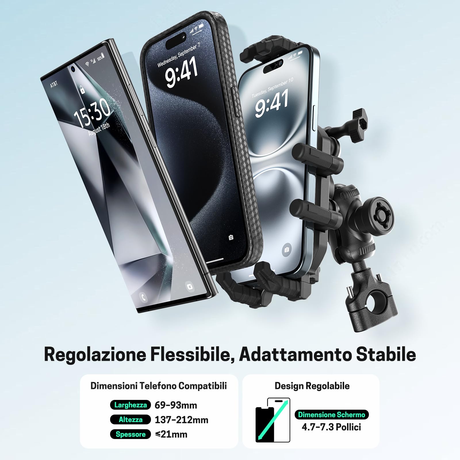 Jeebel Supporto Telefono Moto 3-in-1 Caricatore Smartphone Motociclo con Ricarica Wireless Qi 15W & USB-C QC 3.0 30W, Parasole, Antifurto, Rotazione 360° - Compatibile con iPhone/Android/GPS/ActionCam