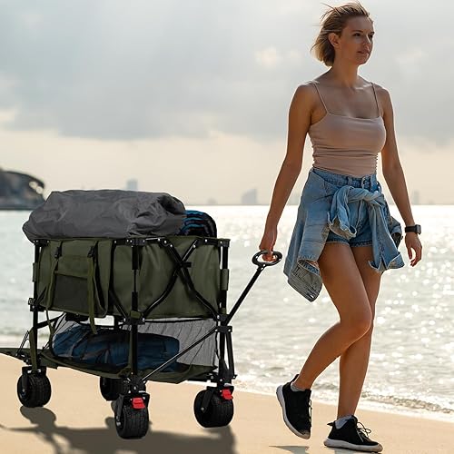 Miniatura 8 de Overmont Carro plegable de dos pisos  Carro plegable de gran capacidad de 400 L  Extensor extra largo de 52 pulgadas  Ruedas grandes todo terreno