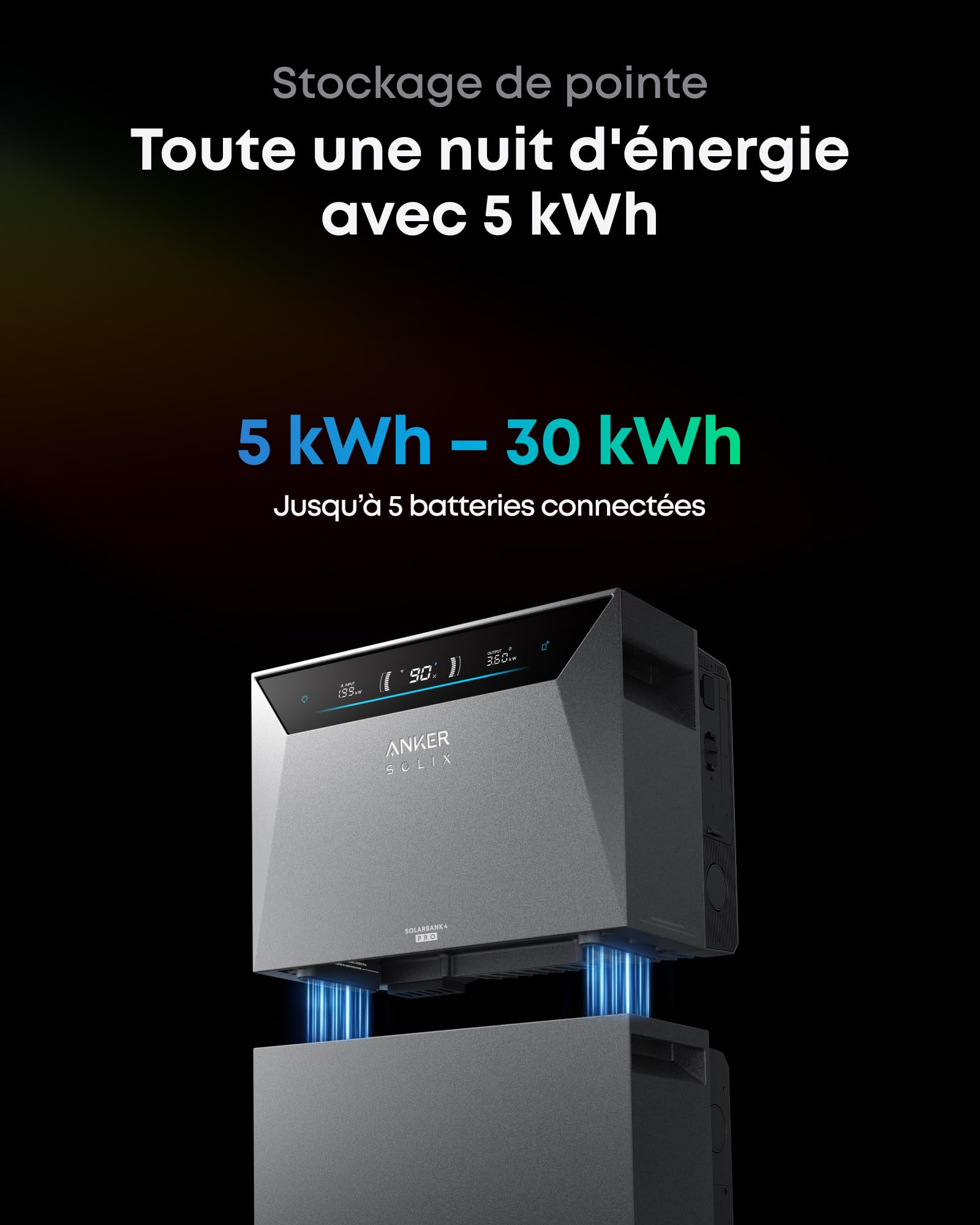 Anker SOLIX Solarbank 4 Pro (5 kWh), Batterie Solaire, BP5000 (5 kWh), 4 MPPT, entrée Solaire 5 000 W, capacité jusqu'à 30 kWh, bidirectionnelle 2 500 W, 10 000 Cycles, Anker Intelligence, Plug&Play
