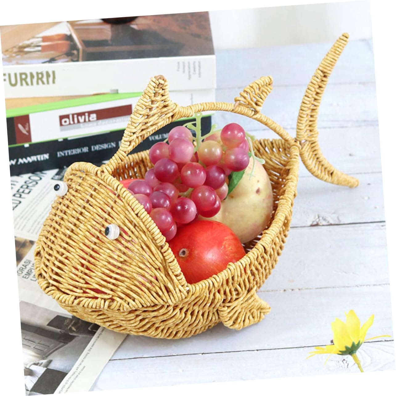 VICASKY Cesto Intrecciato in Plastica Porta Frutta Motivo a Pesce, Base Piatta e Stabile, Contenitore Decorativo per Snack e Verdura, Adatto per Cucina e Sala da Pranzo