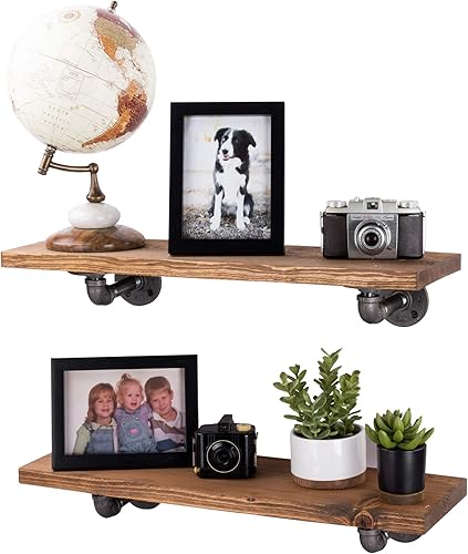 Miniatura 10 de Pipe DéCOR - Estantería de madera de pino de alta calidad Ponderosa de 35.8in de largo, juego de 2 tablas y soportes de 6 L, acabado negro