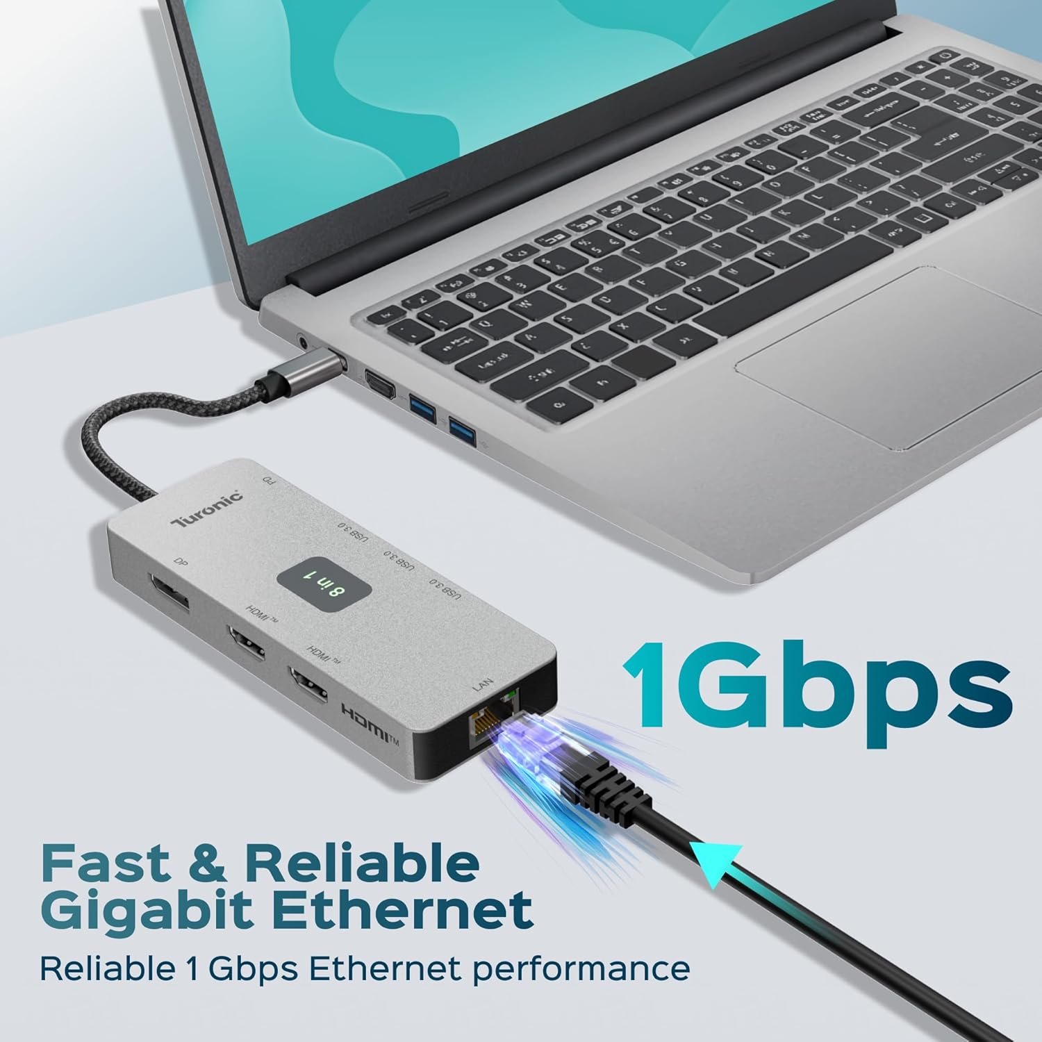 Turonic BYL-2401 Universal Docking Station 8-in-1 USB-C Hub with Dual HDMI 4K@60Hz, DP 1.2, 100W PD Charging, Gigabit Ethernet, 3 USB-A 5Gbps, Aluminum Housing