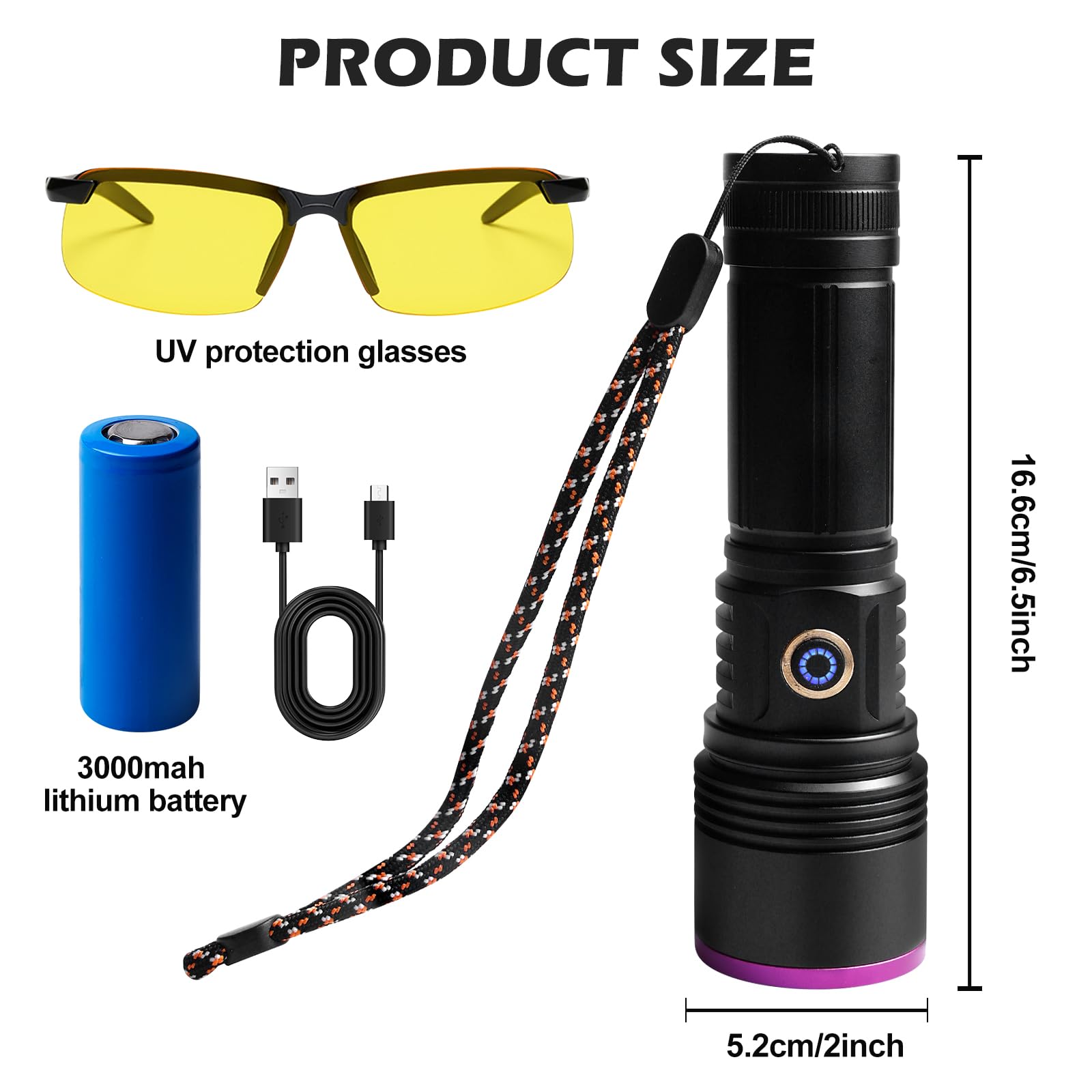SUNOYA UV Taschenlampe 365nm 20W – Schwarzlicht Taschenlampe USB Wiederaufladbar, UV Lampe für Bernstein, Haustierurin, Epoxidharz, Mineralien, Fleckenerkennung