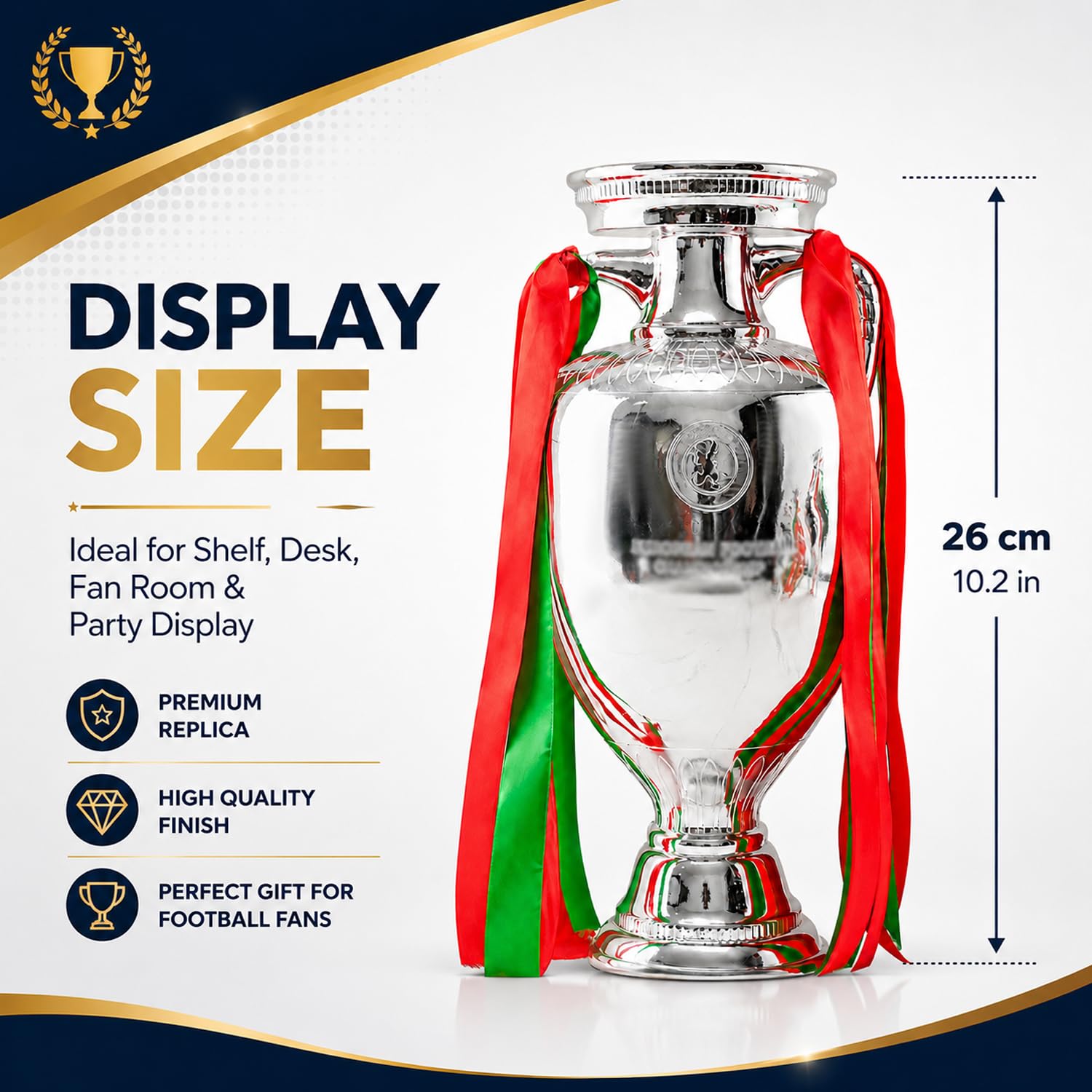 Replica Trofeo Campionato Europeo di Calcio, Coppa Argentata in Resina con Nastri Rossi Verdi, 5 Misure, Regalo per Tifosi di Calcio,26cm