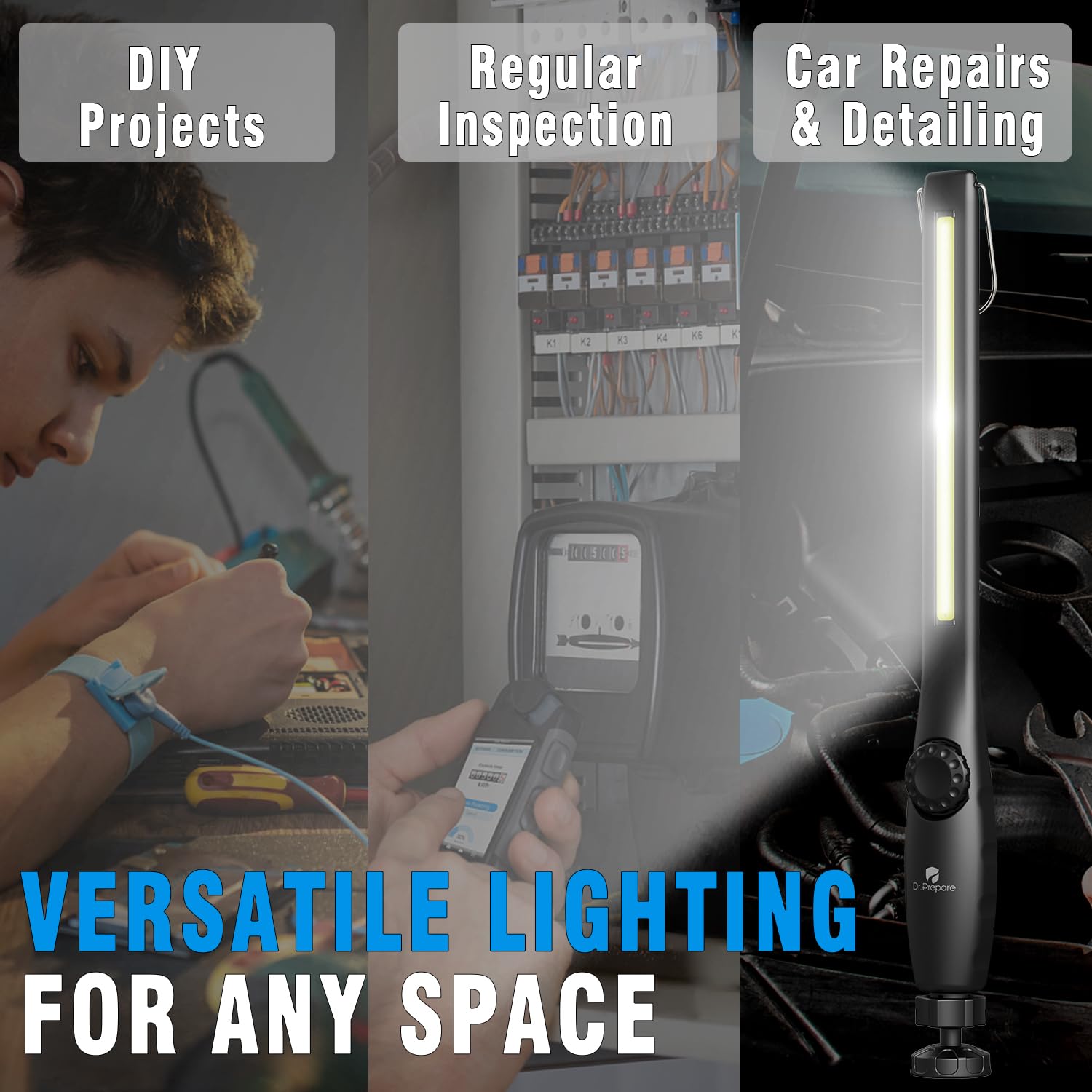 DR.PREPARE Lampada da Lavoro LED COB 700 Lumen Lampada di Ispezione Luce da Lavoro USB Ricaricabile Portatile Senza Fili Magnetica per Riparazioni Auto Casa Garage