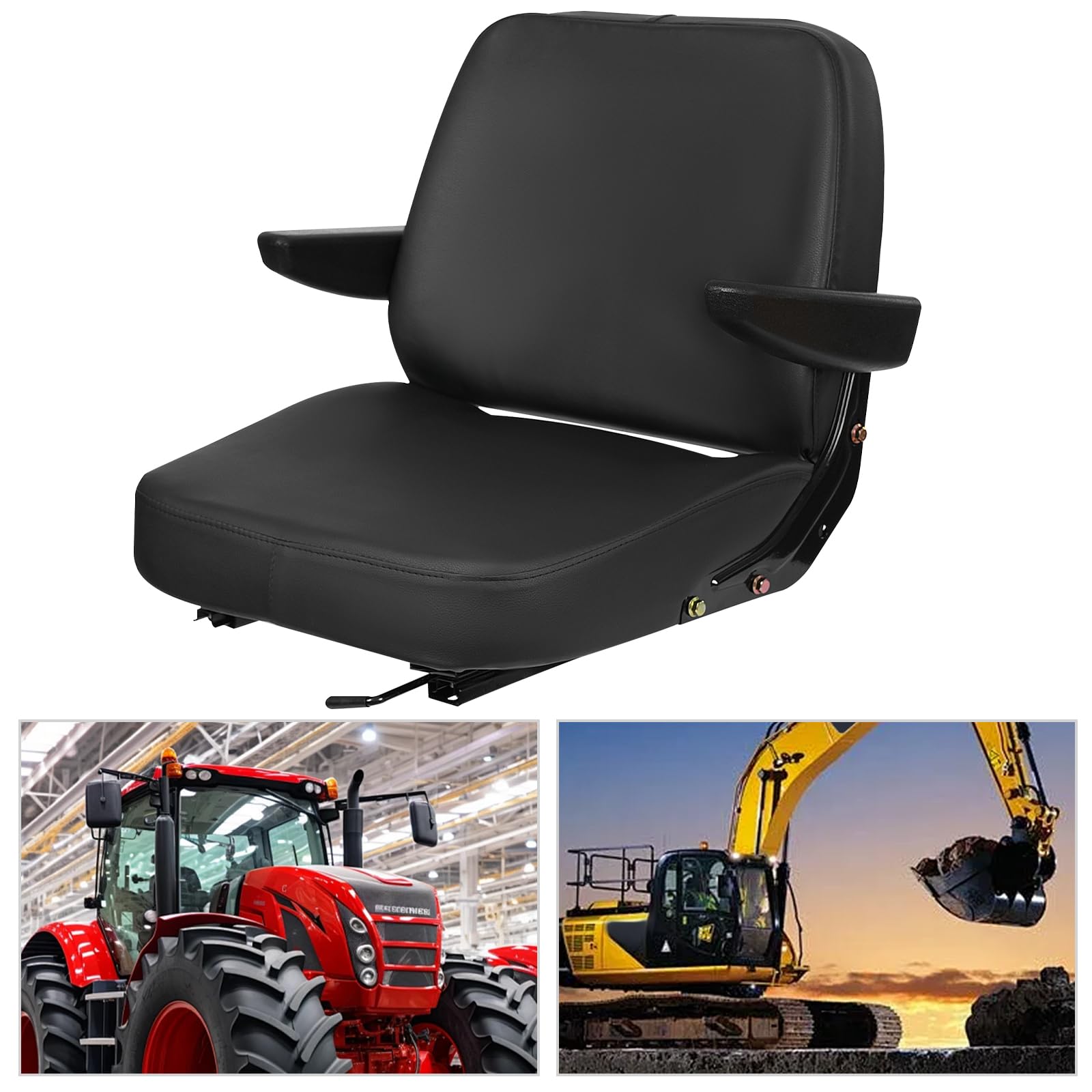 Siège universel de tracteur pour chariot élévateur avec dossier et accoudoirs réglables en éponge PU et cuir synthétique PVC, amovible, facile à monter, facile à nettoyer, 48 x 46 x 51 cm