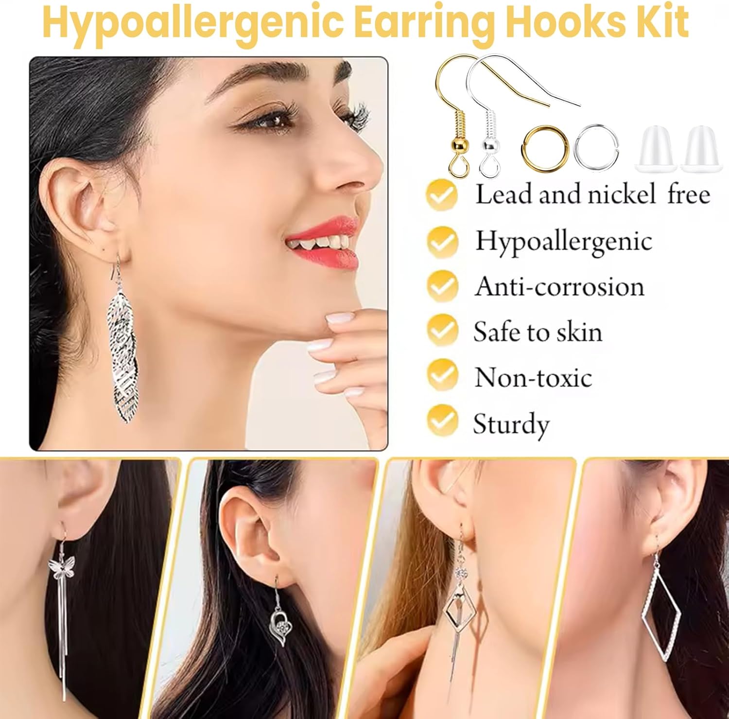 Hypoallergenic Earring Hooks, Ear Wires Fish Hooks, 600 Pcs Gold and Silver Earing Making Supplies Kit with Earring Backs and Jump Rings for DIY Jewelry Making (Gold+Silver) - Image 2
