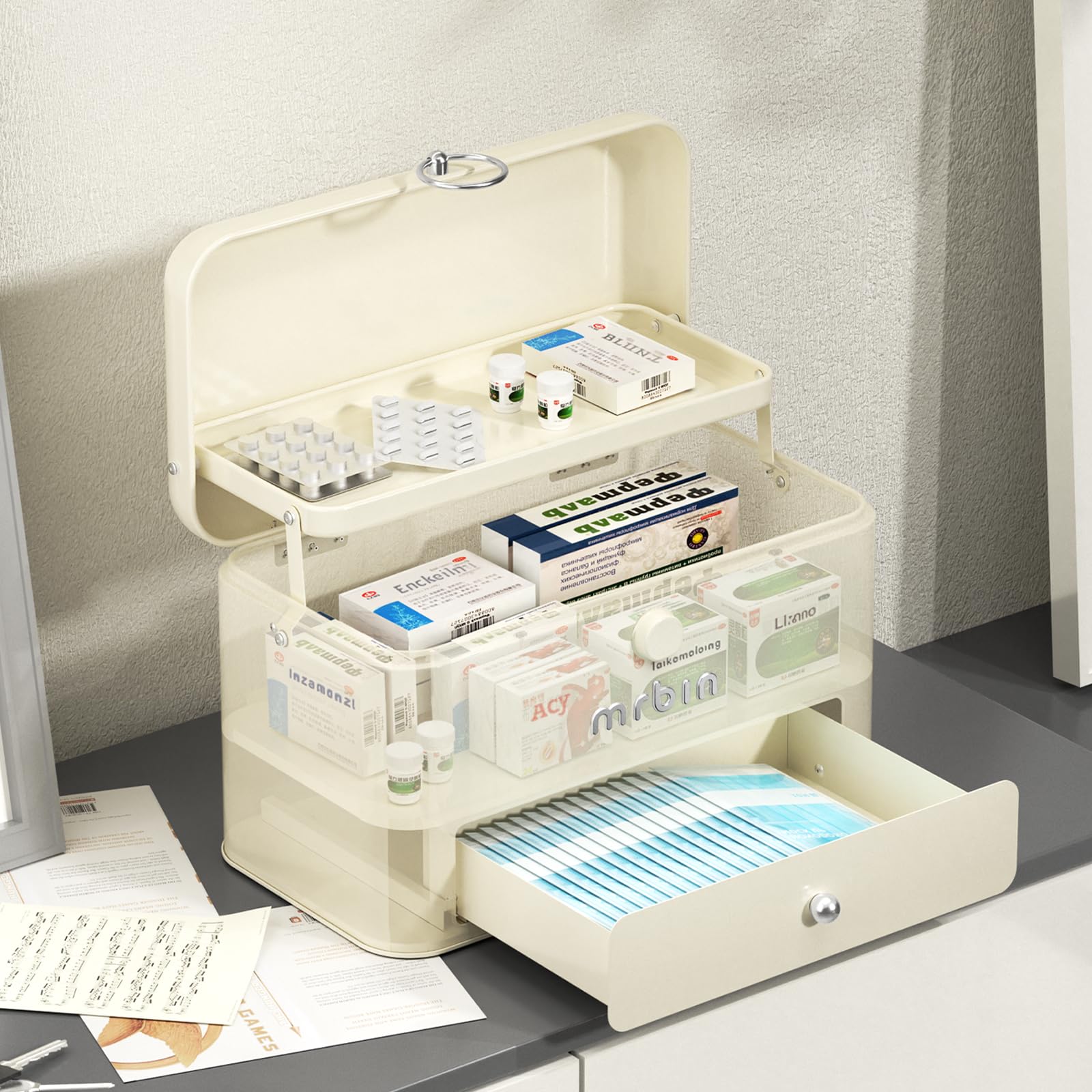 MRBIN Contenitore per medicinali in metallo a 3 livelli, pieghevole, impermeabile, scatola di sicurezza e organizer per forniture vuote, kit di pronto soccorso per kit di emergenza portatile domestico